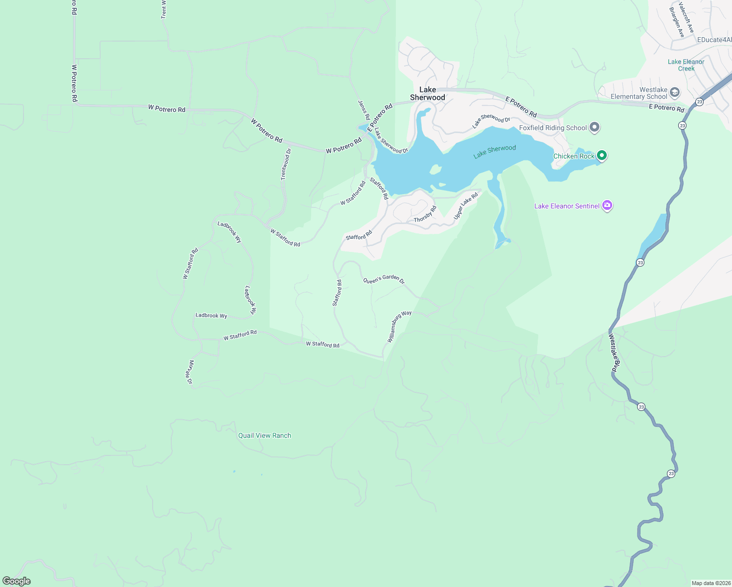 map of restaurants, bars, coffee shops, grocery stores, and more near 2784 Queens Garden Court in Thousand Oaks