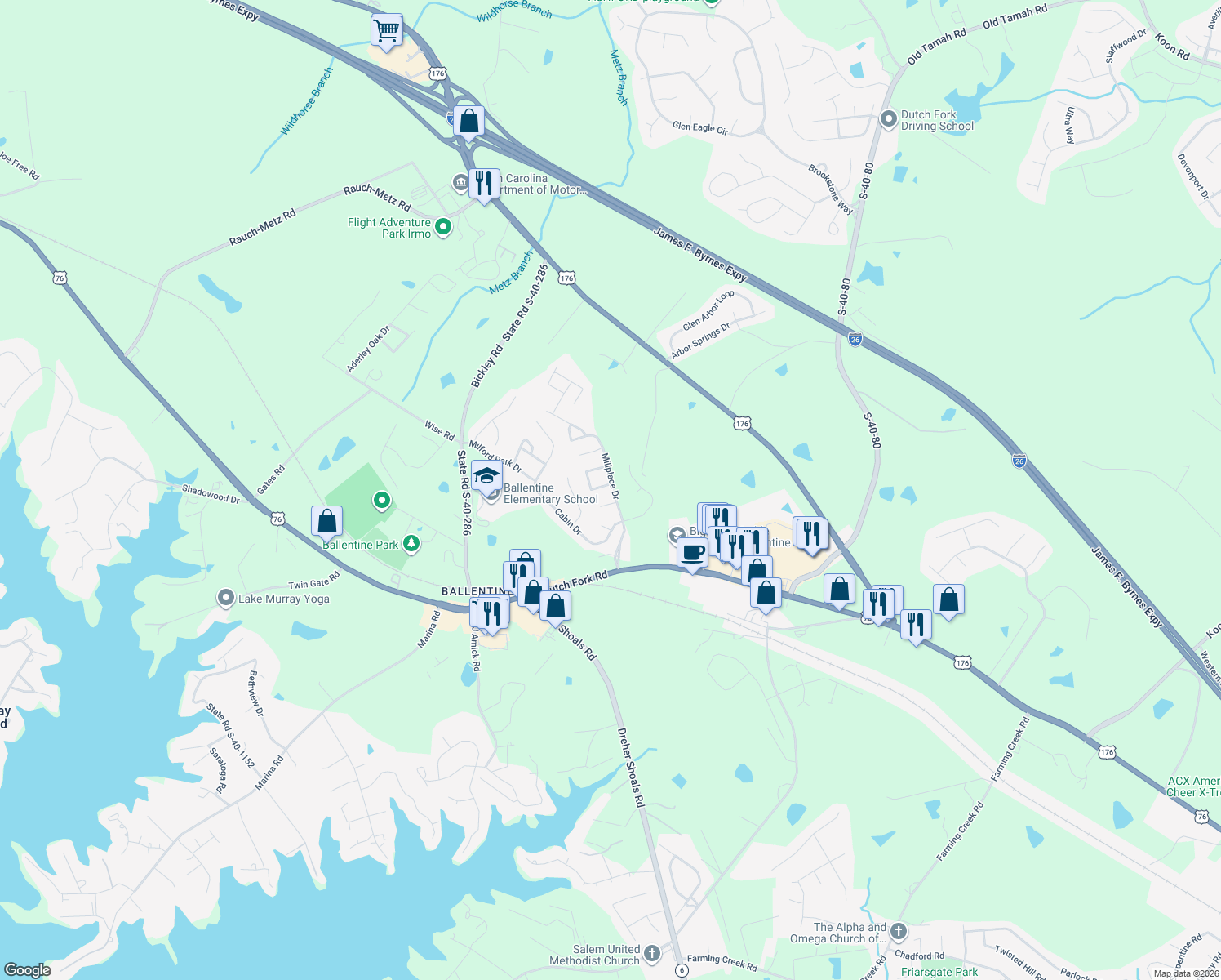map of restaurants, bars, coffee shops, grocery stores, and more near 701 Millplace Loop in Irmo