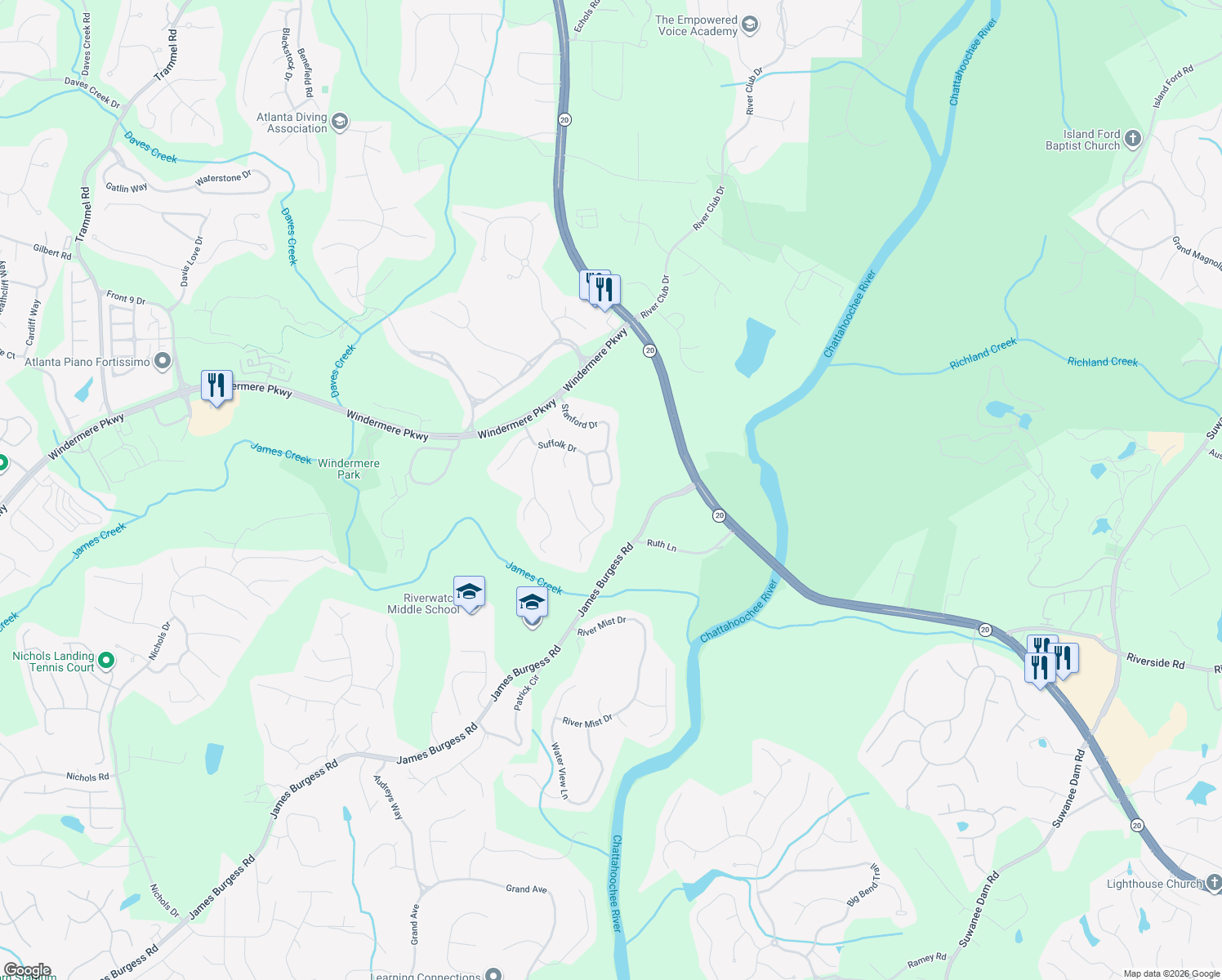 map of restaurants, bars, coffee shops, grocery stores, and more near 3540 Slater St in Cumming