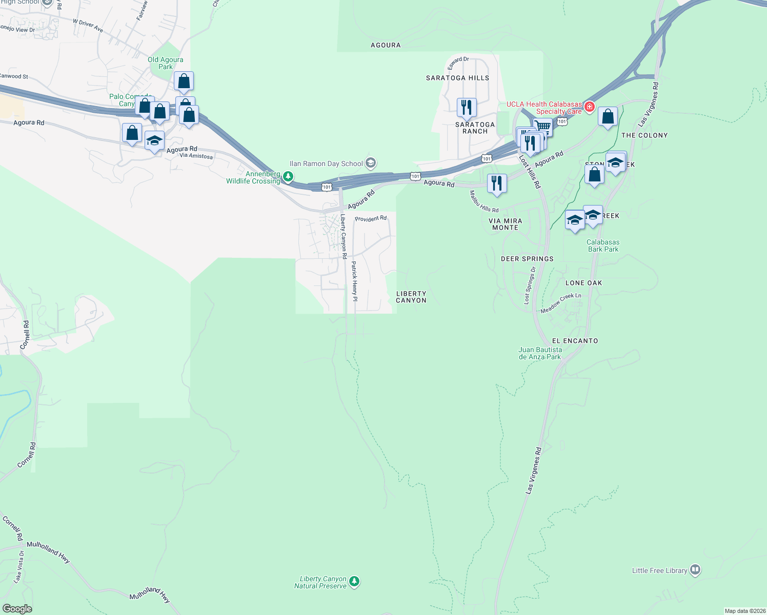 map of restaurants, bars, coffee shops, grocery stores, and more near 27326 Oak Summit Road in Agoura Hills