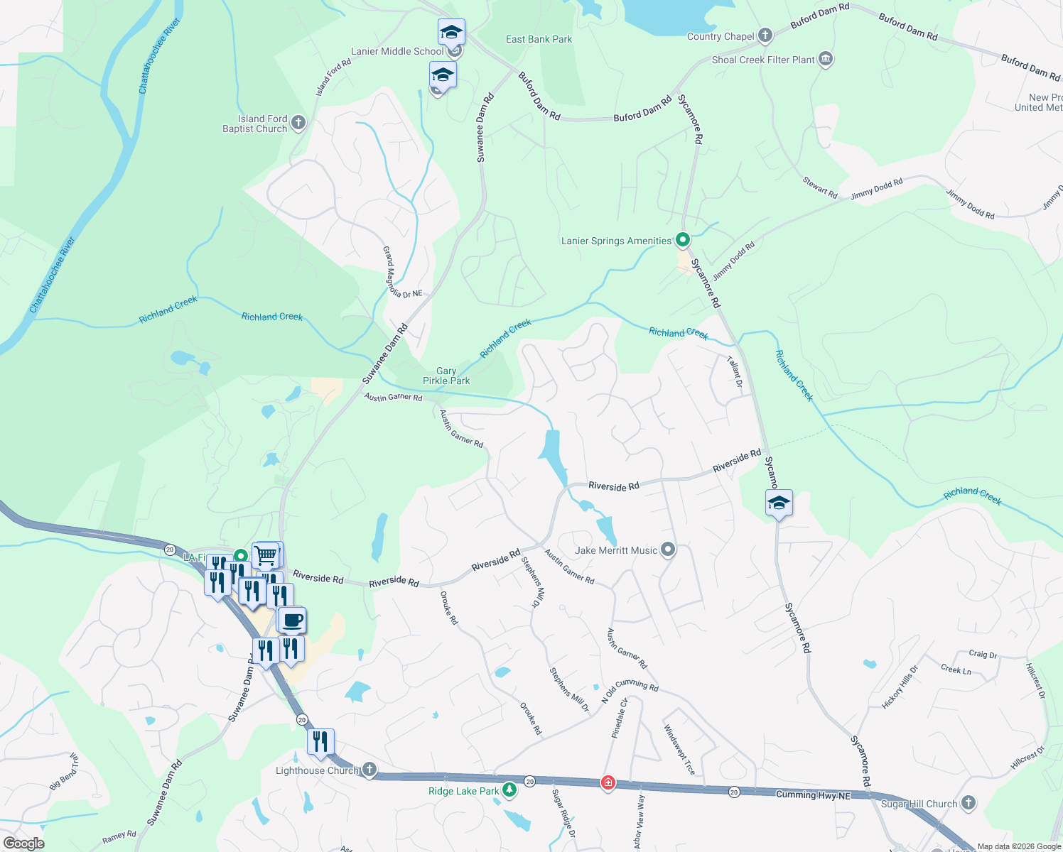 map of restaurants, bars, coffee shops, grocery stores, and more near 6165 Trail Hikes Drive in Sugar Hill