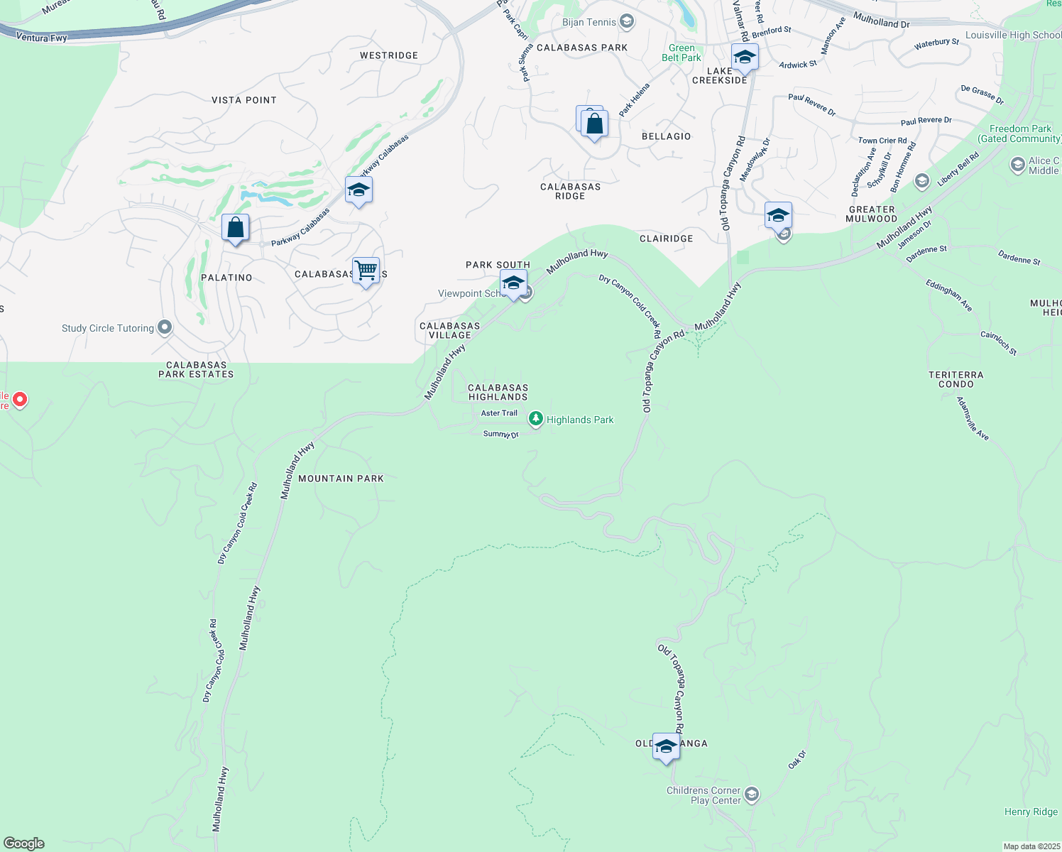 map of restaurants, bars, coffee shops, grocery stores, and more near 23551 Summit Drive in Calabasas