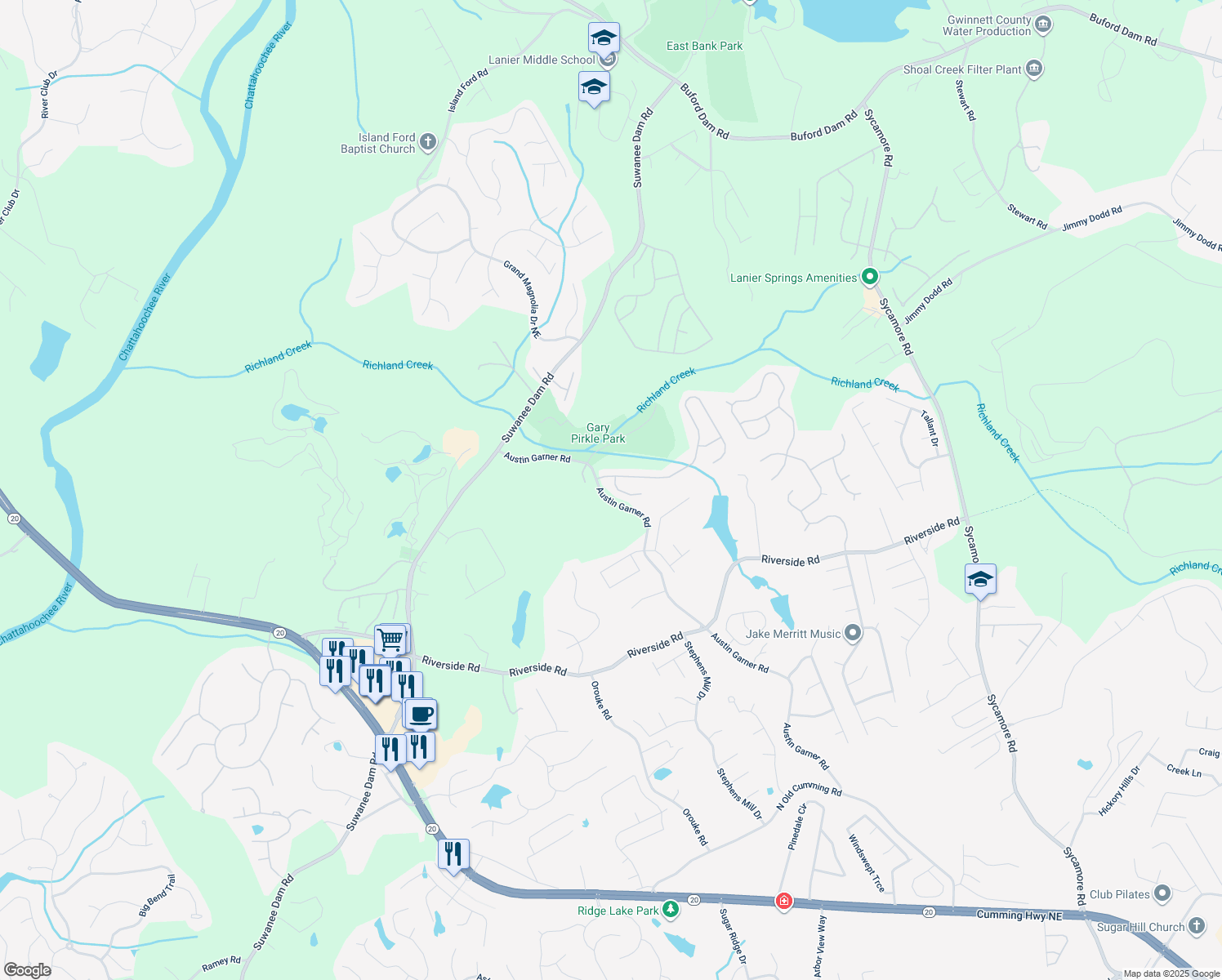 map of restaurants, bars, coffee shops, grocery stores, and more near 6096 Barker Landing Northeast in Sugar Hill