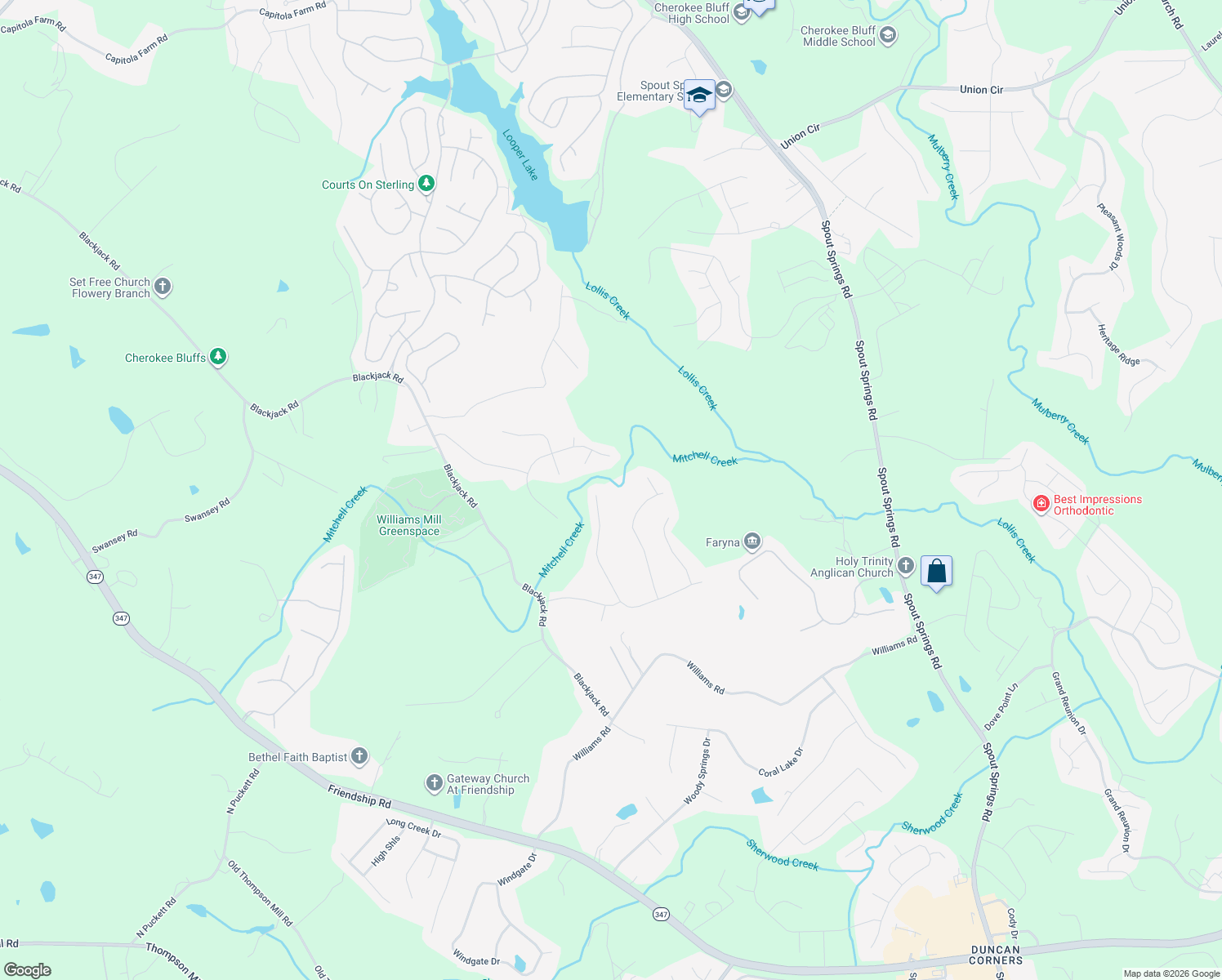 map of restaurants, bars, coffee shops, grocery stores, and more near 6407 River Hill Drive in Flowery Branch