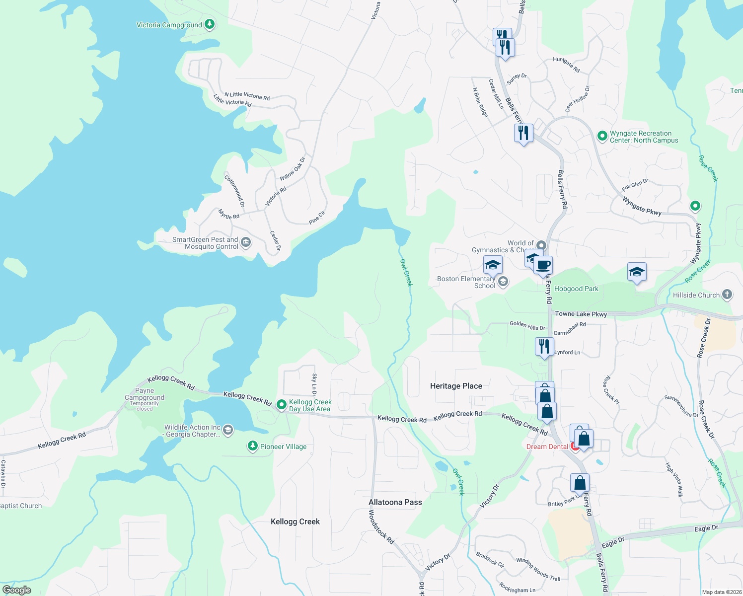 map of restaurants, bars, coffee shops, grocery stores, and more near 105 Summer Lake Place in Acworth