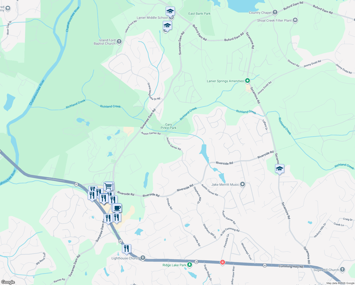 map of restaurants, bars, coffee shops, grocery stores, and more near 6075 Barker Landing Northeast in Sugar Hill