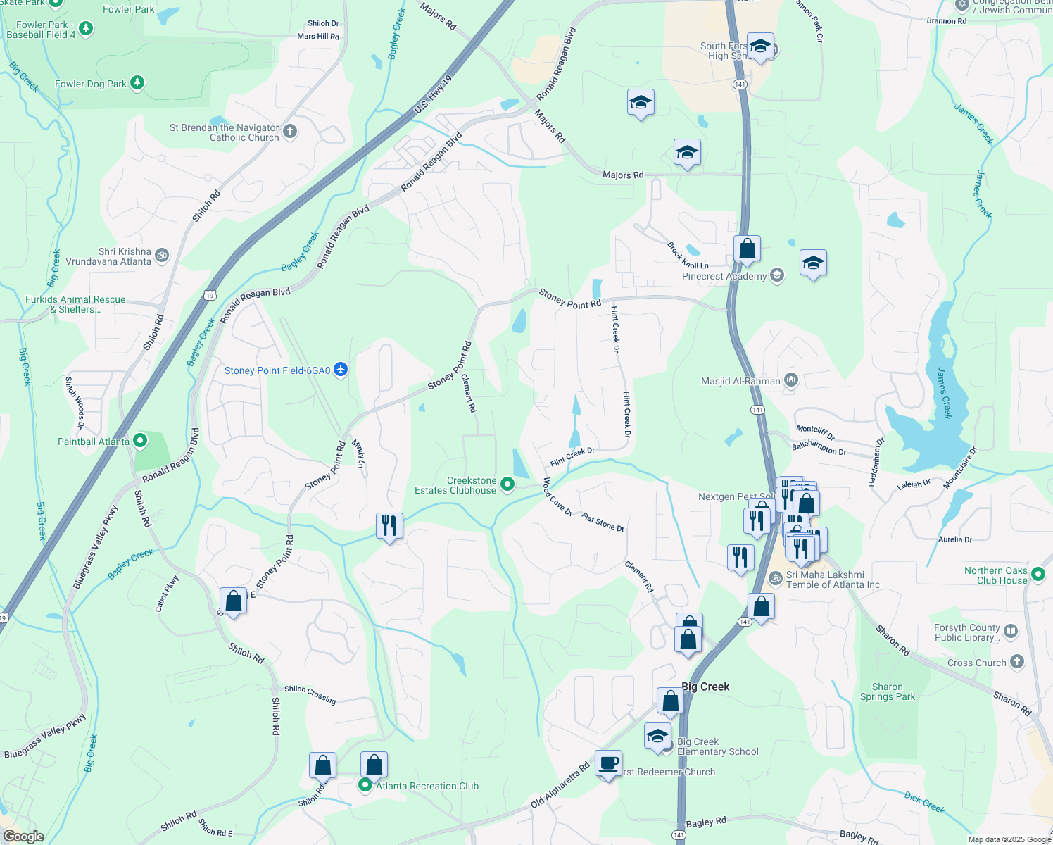 map of restaurants, bars, coffee shops, grocery stores, and more near 2160 Bradley Trail in Cumming