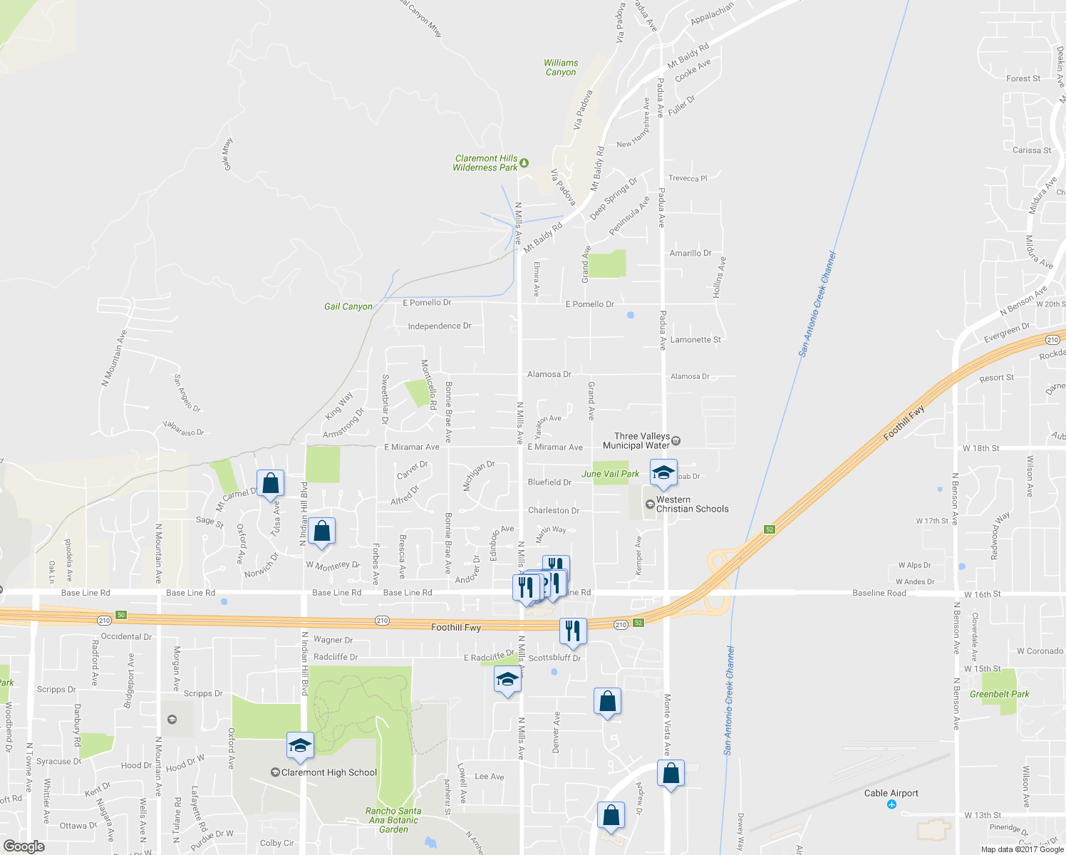map of restaurants, bars, coffee shops, grocery stores, and more near 3351 Yankton Avenue in Claremont