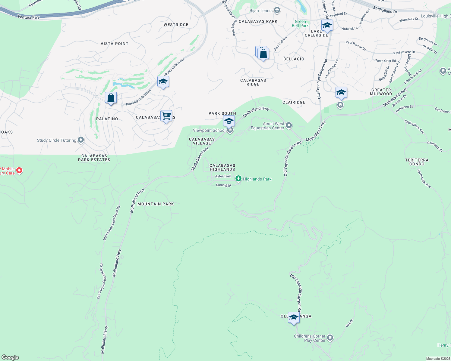 map of restaurants, bars, coffee shops, grocery stores, and more near Clover Trail in Calabasas