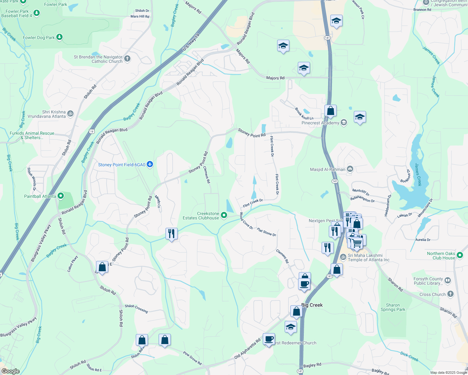 map of restaurants, bars, coffee shops, grocery stores, and more near 2160 Bradley Trail in Cumming