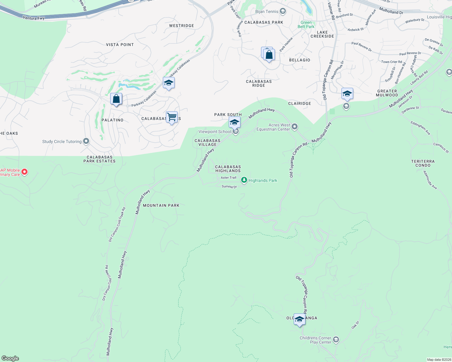 map of restaurants, bars, coffee shops, grocery stores, and more near Clover Trail in Calabasas