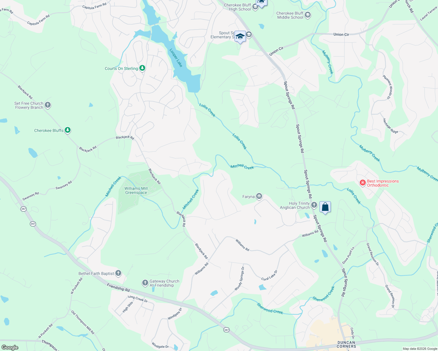 map of restaurants, bars, coffee shops, grocery stores, and more near 6785 Creeks Edge Court in Flowery Branch