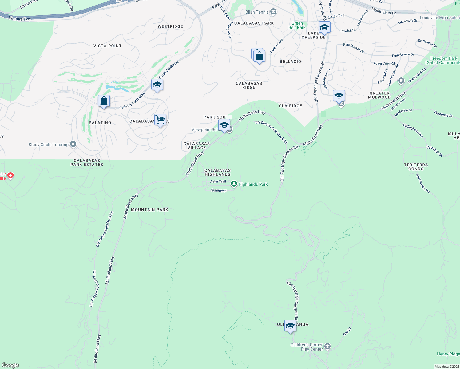 map of restaurants, bars, coffee shops, grocery stores, and more near 23550 Valley View Road in Calabasas
