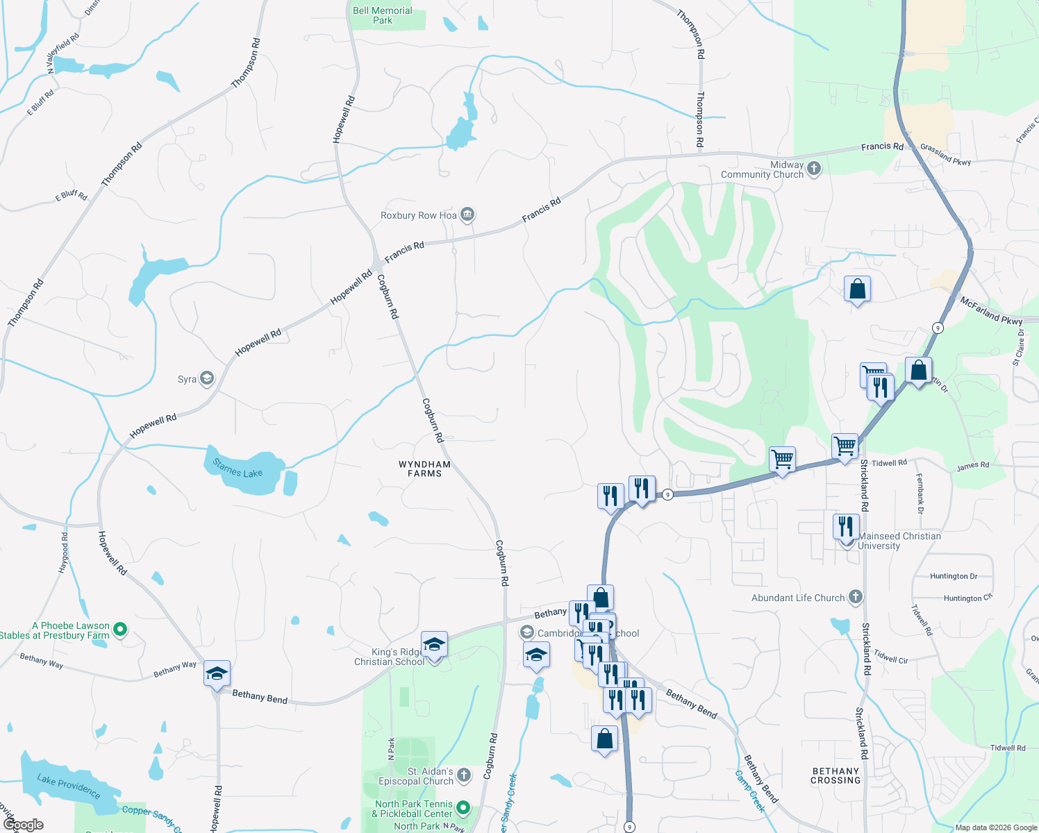 map of restaurants, bars, coffee shops, grocery stores, and more near 14635 Glencreek Way in Alpharetta