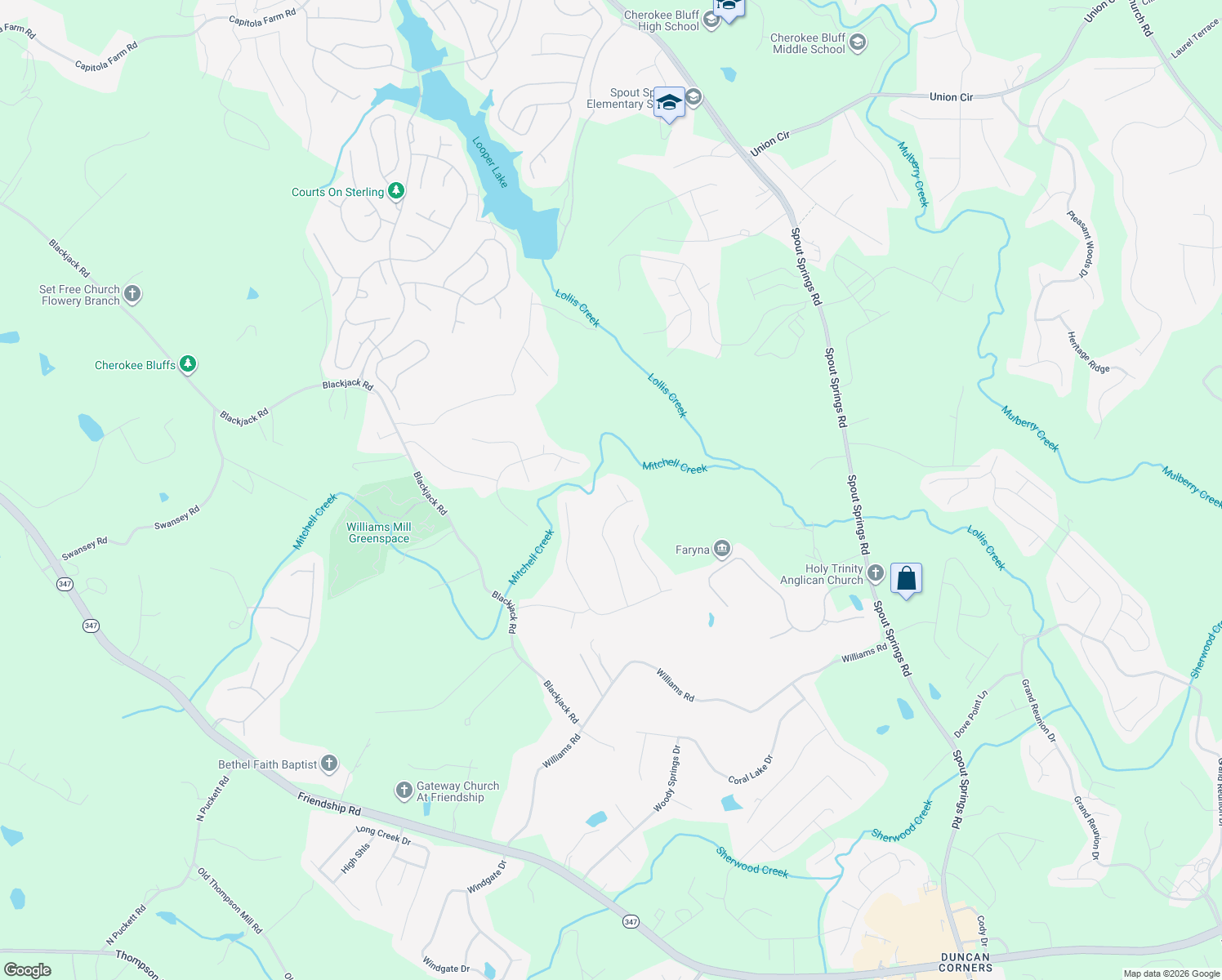 map of restaurants, bars, coffee shops, grocery stores, and more near 6785 Creeks Edge Ct in Flowery Branch