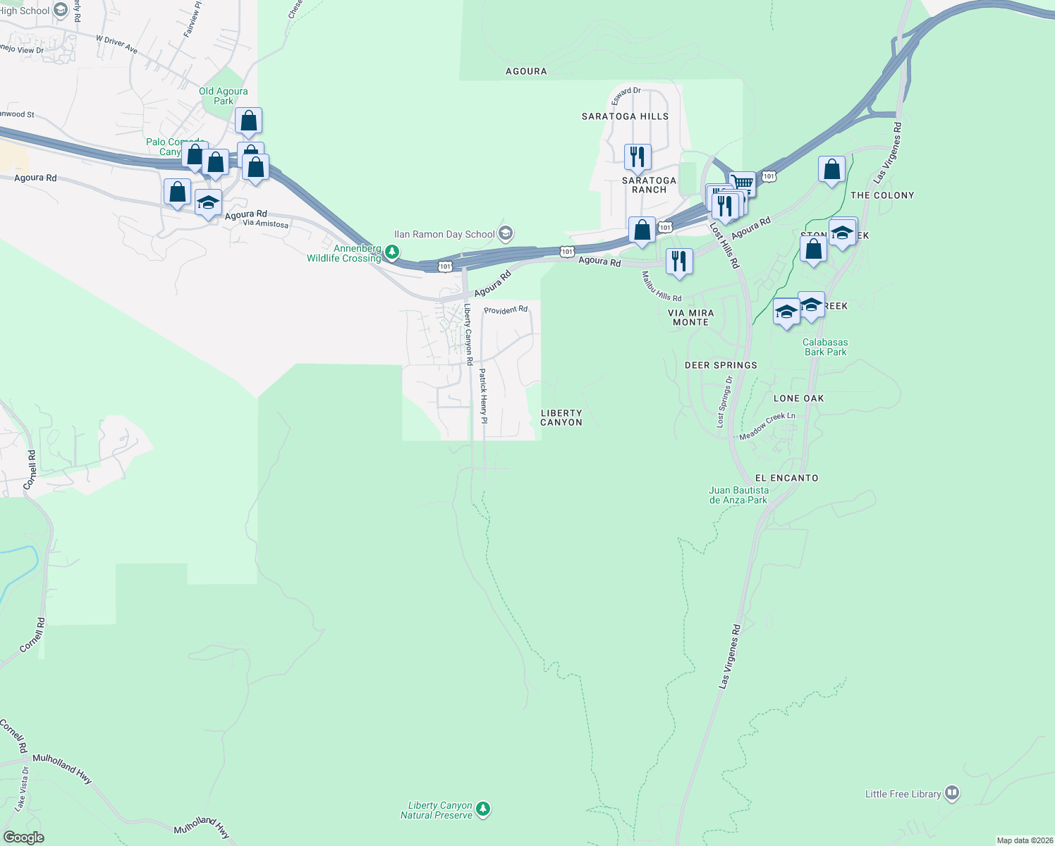 map of restaurants, bars, coffee shops, grocery stores, and more near 27306 Oak Summit Road in Agoura Hills