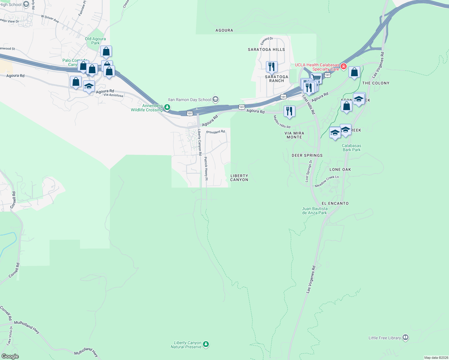 map of restaurants, bars, coffee shops, grocery stores, and more near 27326 Oak Summit Road in Agoura Hills