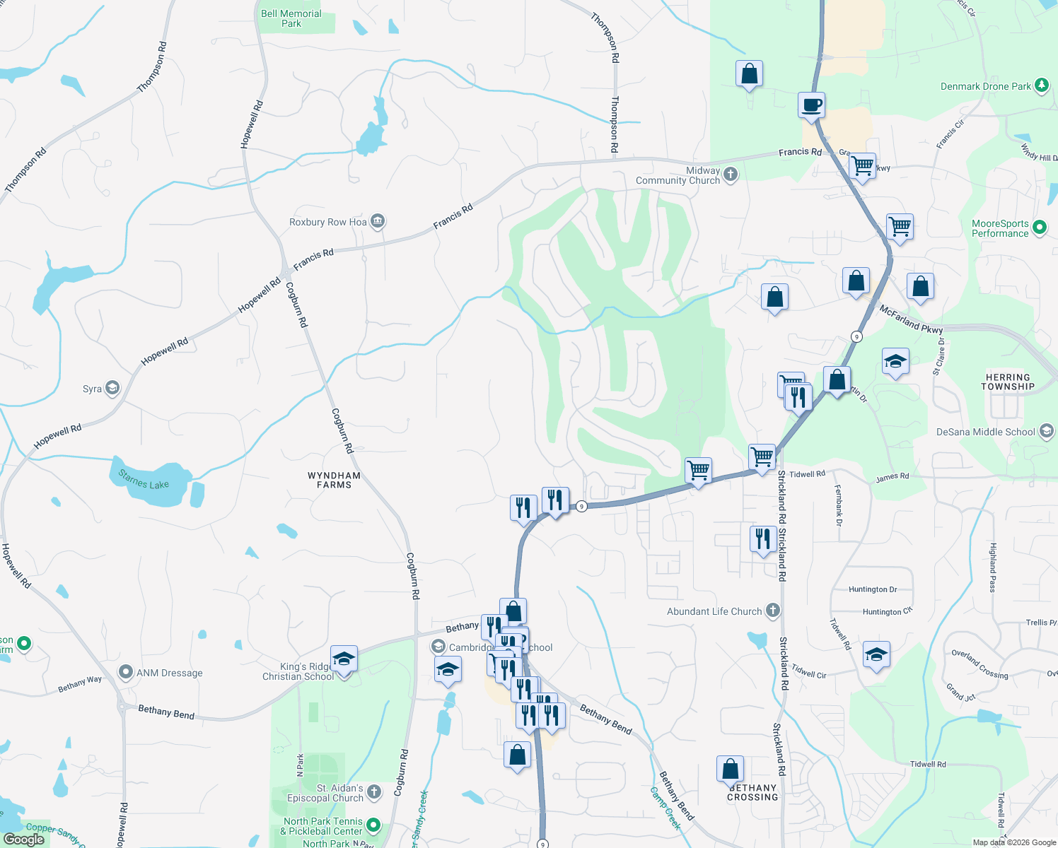 map of restaurants, bars, coffee shops, grocery stores, and more near 14320 Morning Mountain Way in Alpharetta