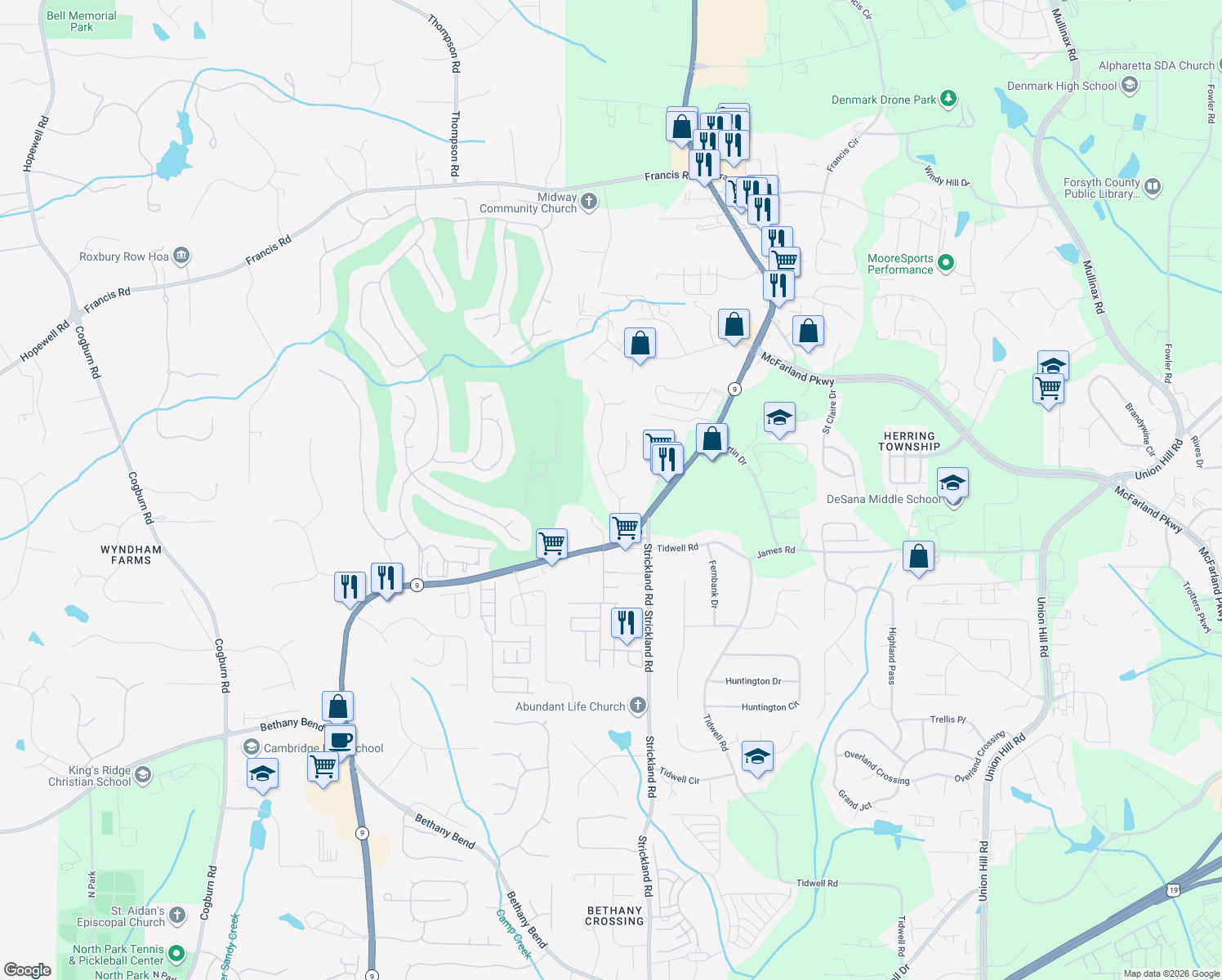 map of restaurants, bars, coffee shops, grocery stores, and more near 6525 Tulip Plantation Rd in Alpharetta
