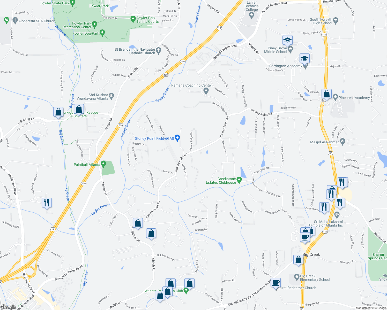 map of restaurants, bars, coffee shops, grocery stores, and more near 2065 Stoney Point Farm Road in Cumming