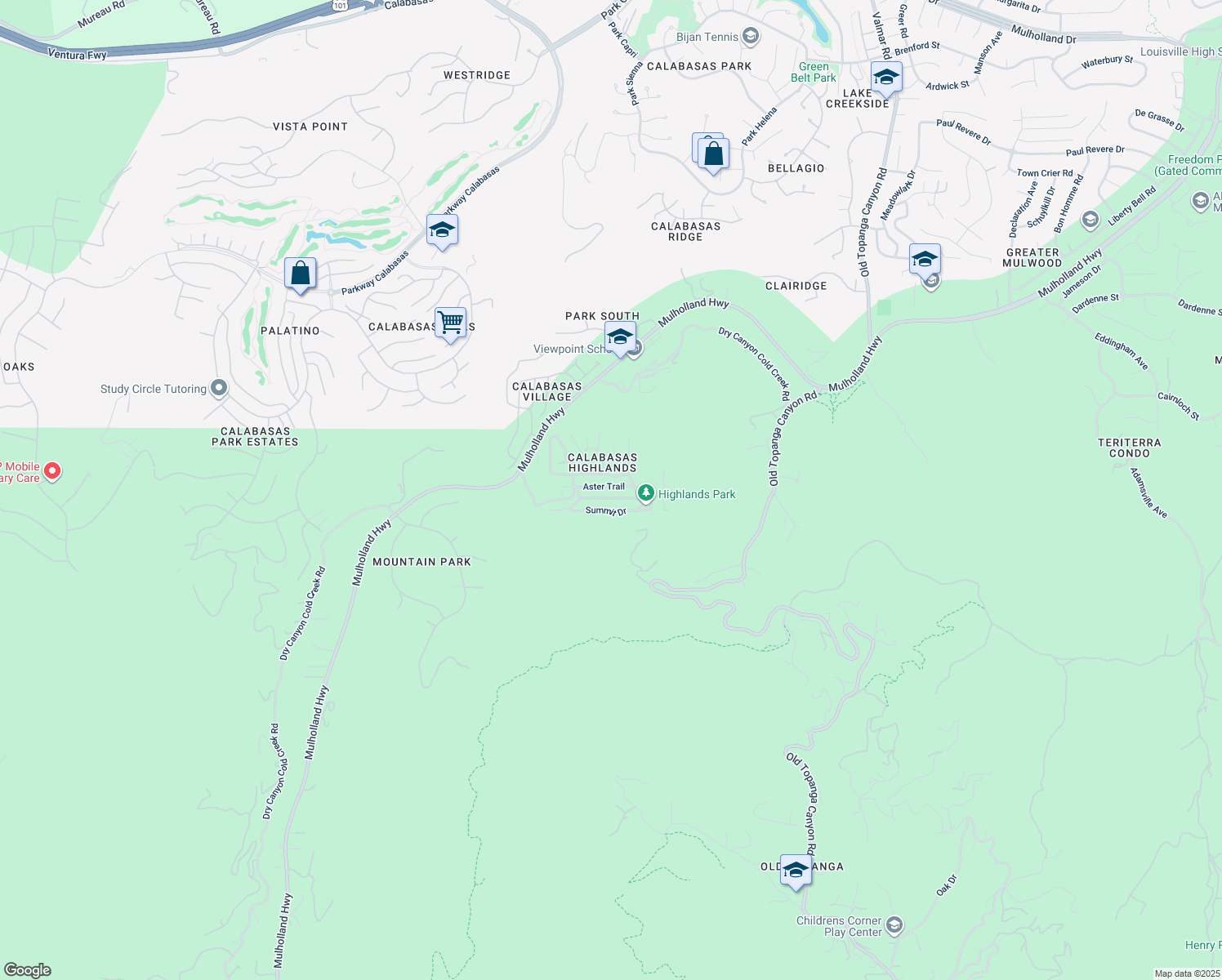 map of restaurants, bars, coffee shops, grocery stores, and more near 23640 Aster Trail in Calabasas