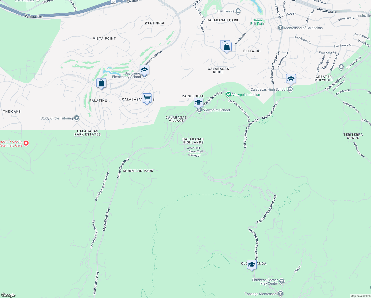 map of restaurants, bars, coffee shops, grocery stores, and more near 23288 Canyon Drive in Calabasas