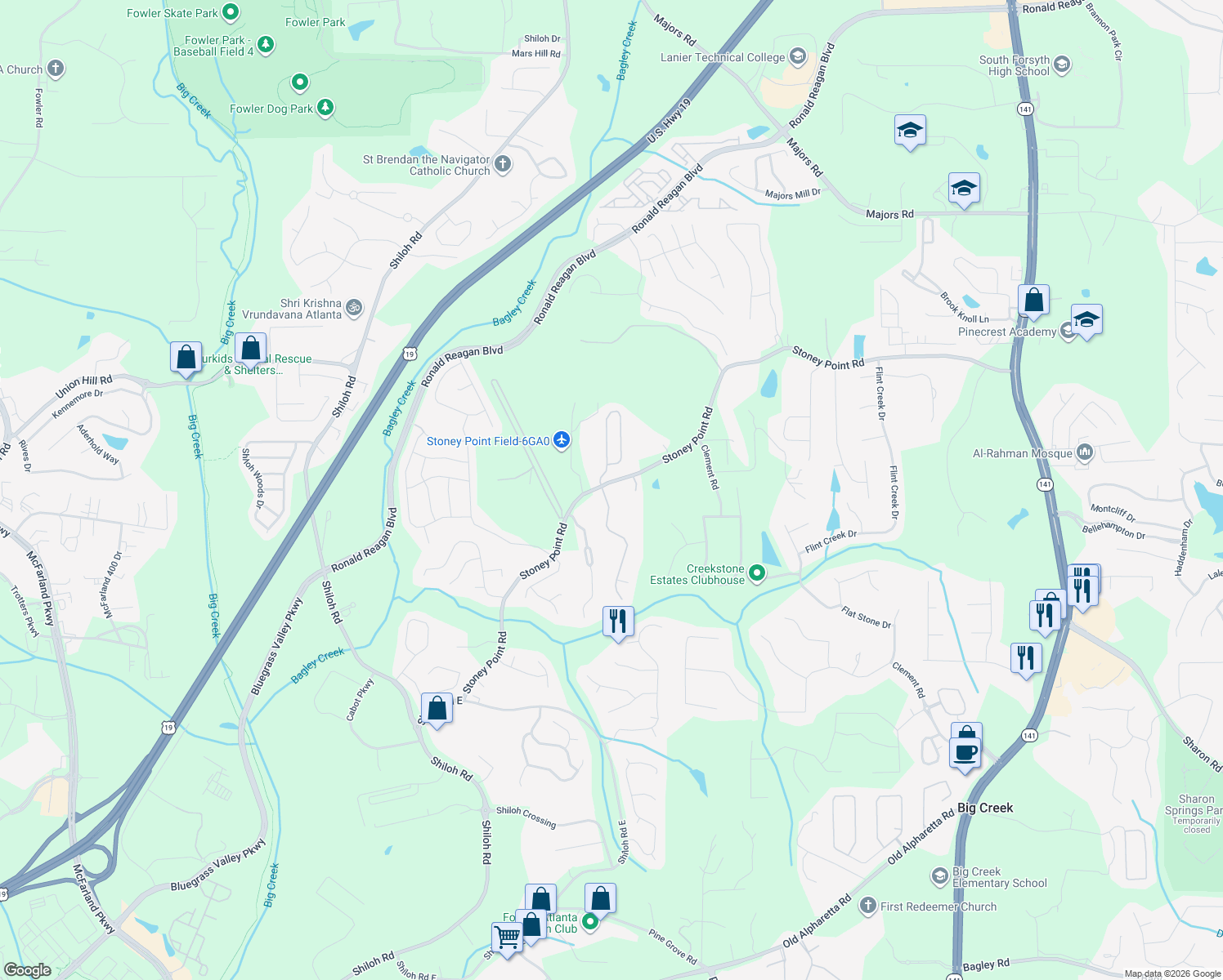 map of restaurants, bars, coffee shops, grocery stores, and more near 2065 Stoney Point Farm Road in Cumming