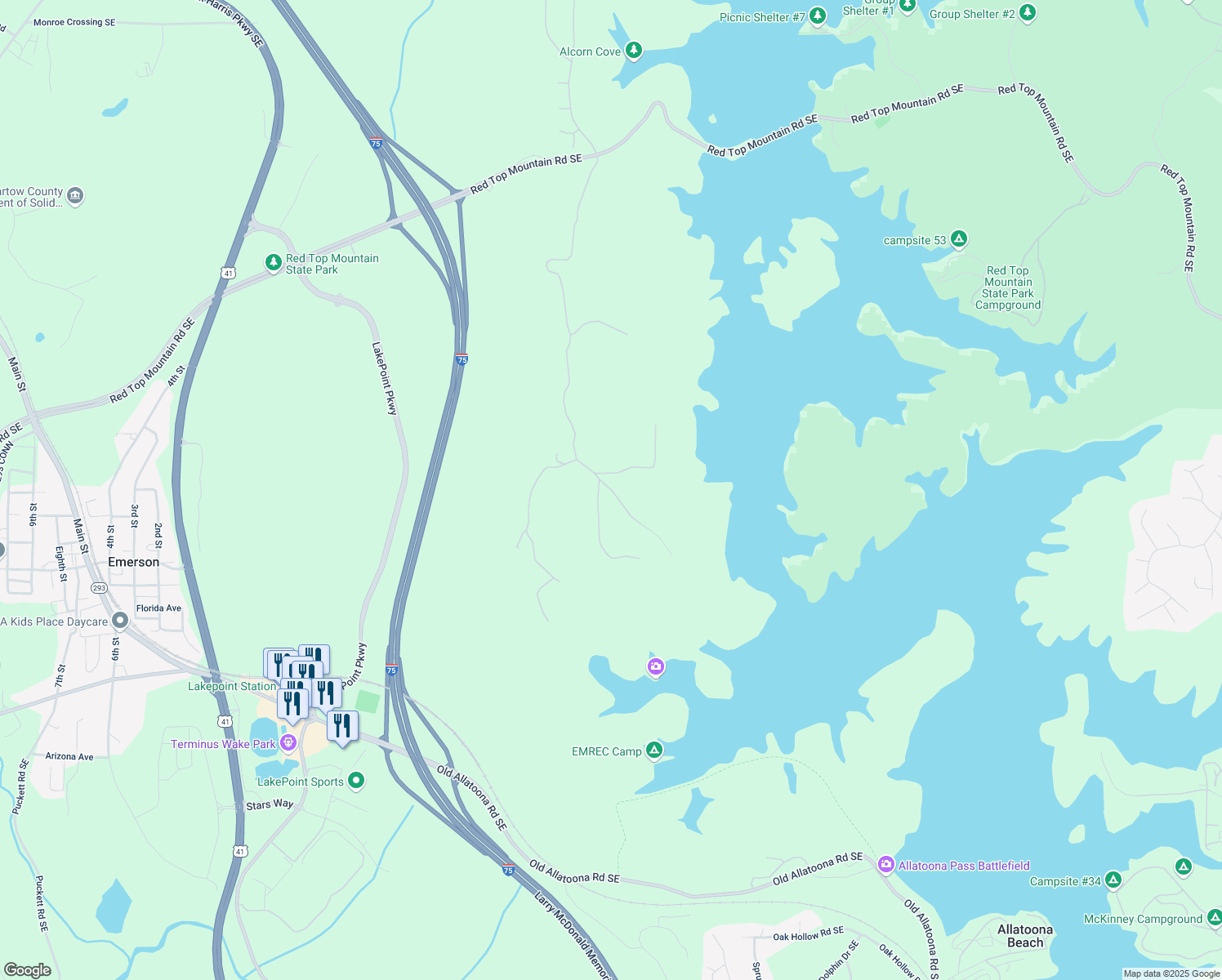 map of restaurants, bars, coffee shops, grocery stores, and more near 47 Waterside Drive Southeast in Cartersville
