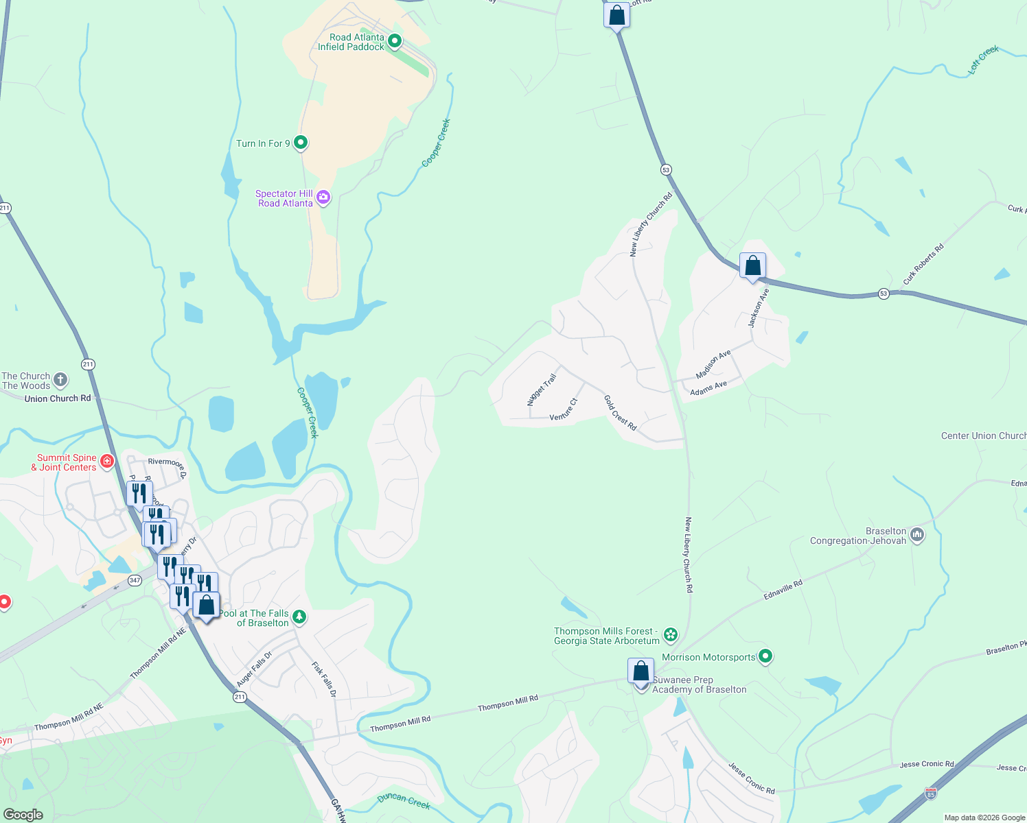 map of restaurants, bars, coffee shops, grocery stores, and more near 316 Venture Ct in Braselton