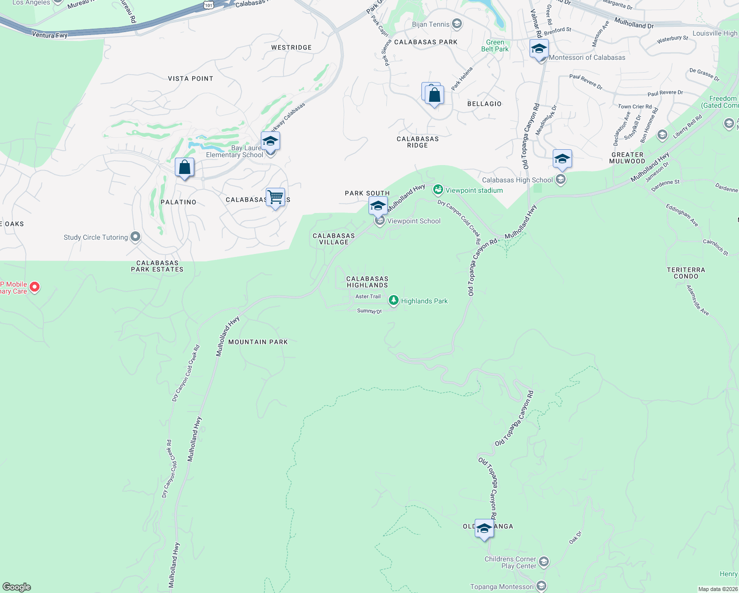 map of restaurants, bars, coffee shops, grocery stores, and more near Aster Trail in Calabasas