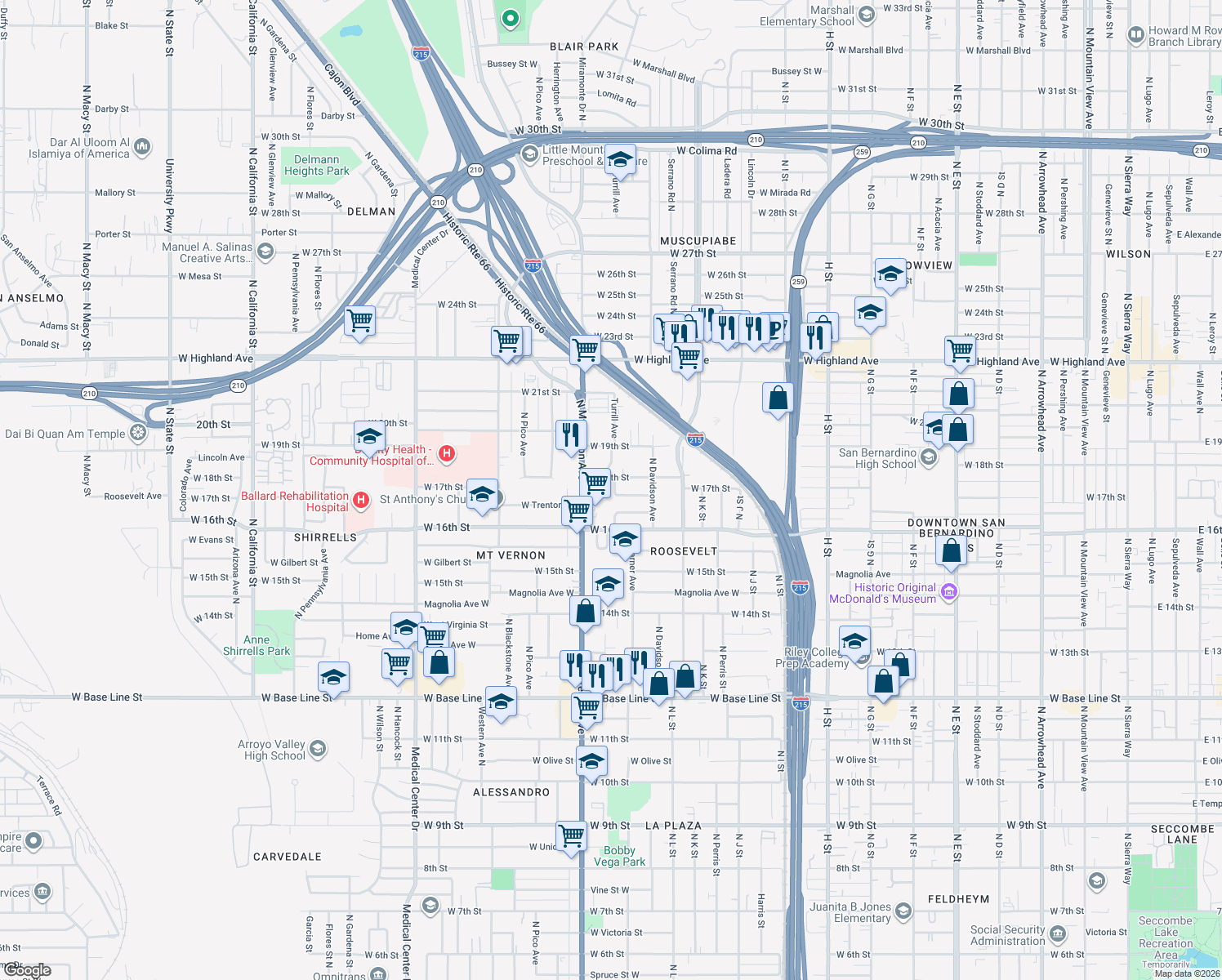 map of restaurants, bars, coffee shops, grocery stores, and more near 1682 Turrill Ave in San Bernardino