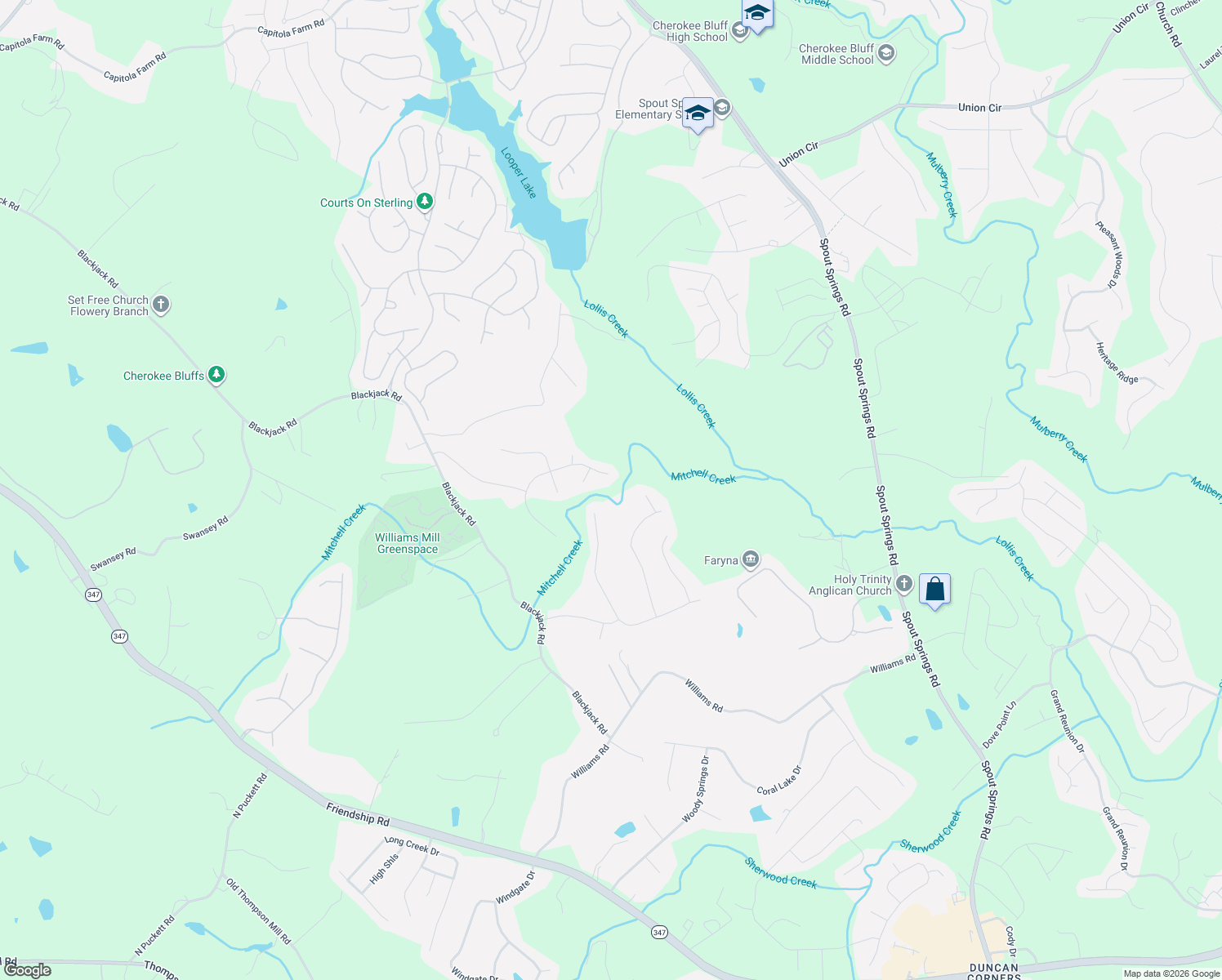 map of restaurants, bars, coffee shops, grocery stores, and more near 6334 Clearbrook Drive in Flowery Branch
