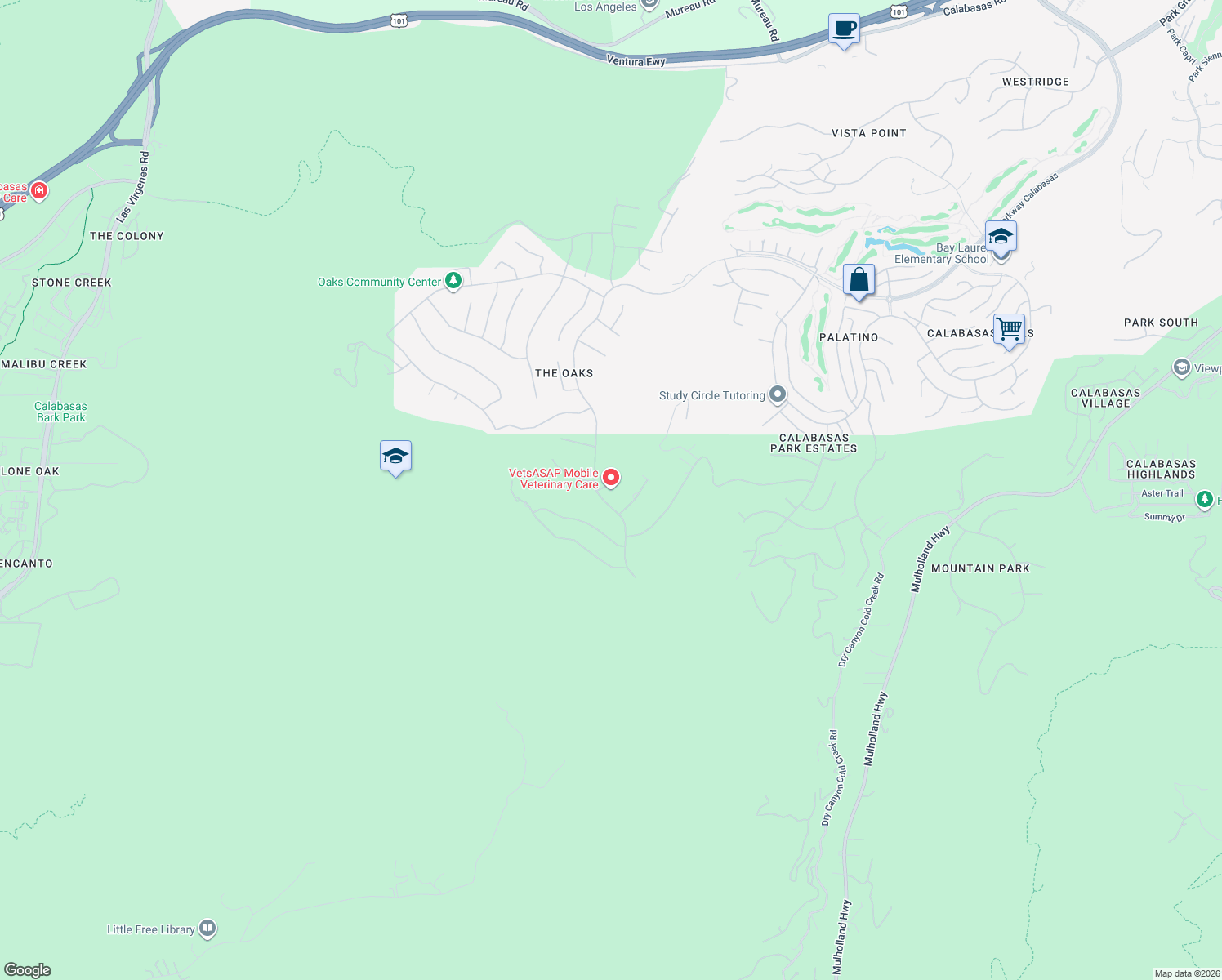 map of restaurants, bars, coffee shops, grocery stores, and more near 25210 Prado De Rosado in Calabasas