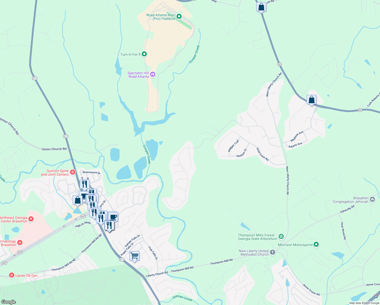 map of restaurants, bars, coffee shops, grocery stores, and more near 3137 Hawthorne Path in Braselton