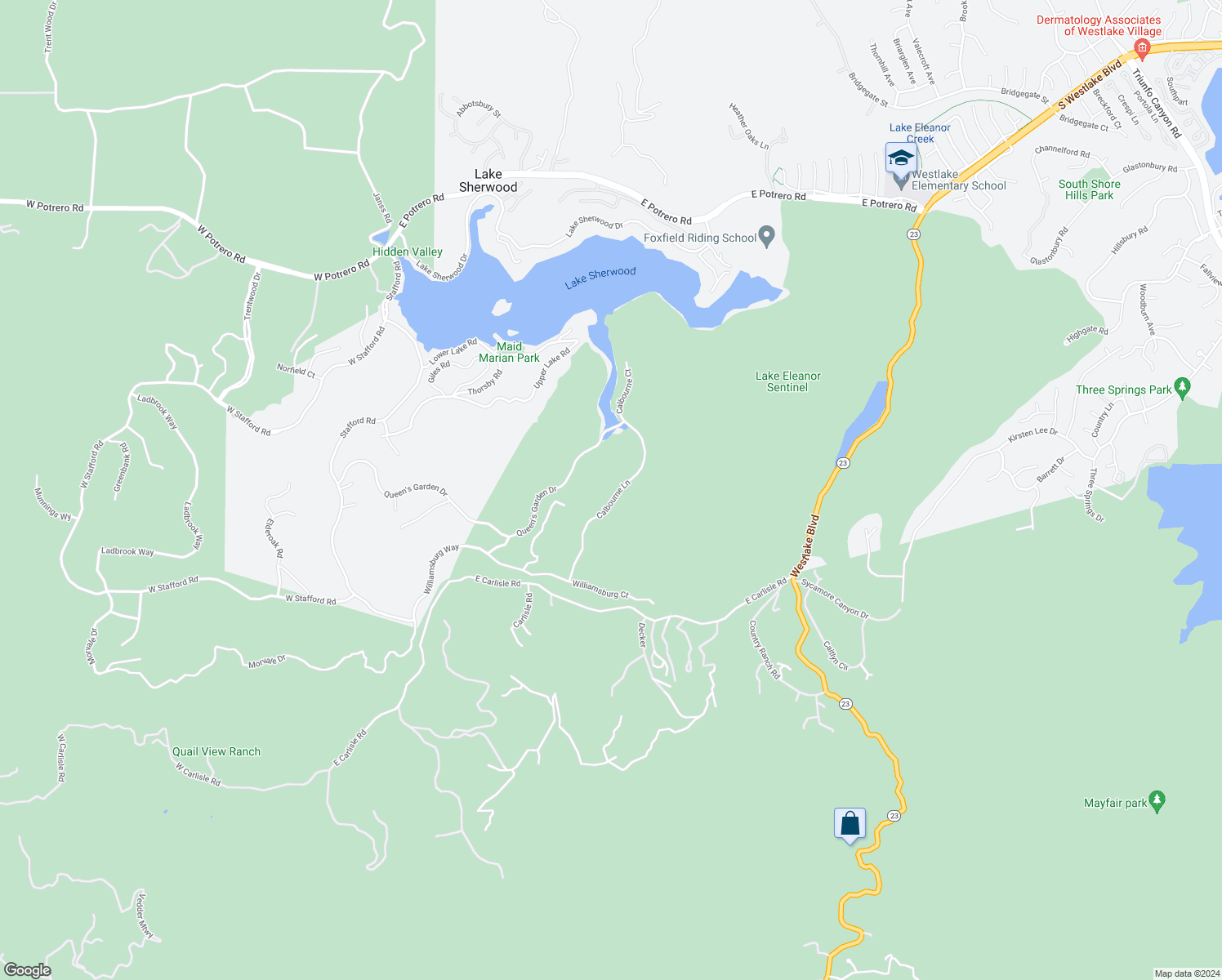 map of restaurants, bars, coffee shops, grocery stores, and more near 2775 Calbourne Lane in Westlake Village
