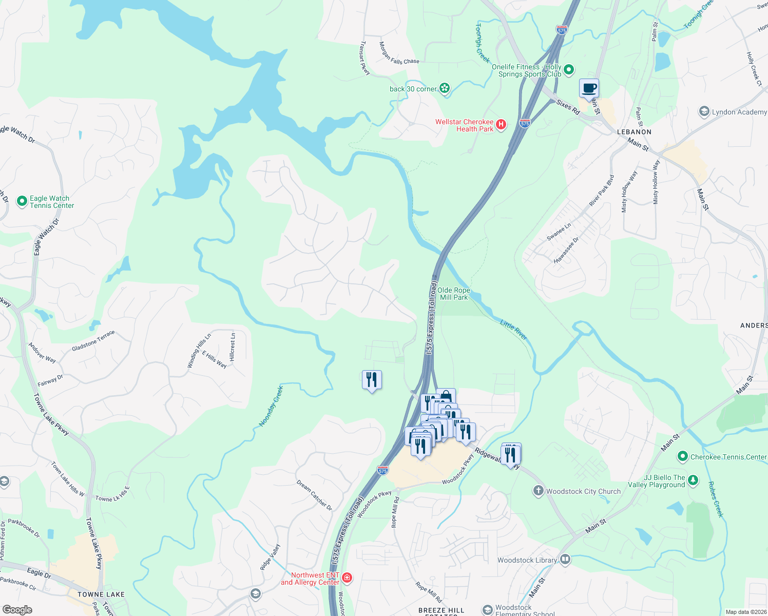 map of restaurants, bars, coffee shops, grocery stores, and more near 104 Gainesway Drive in Woodstock