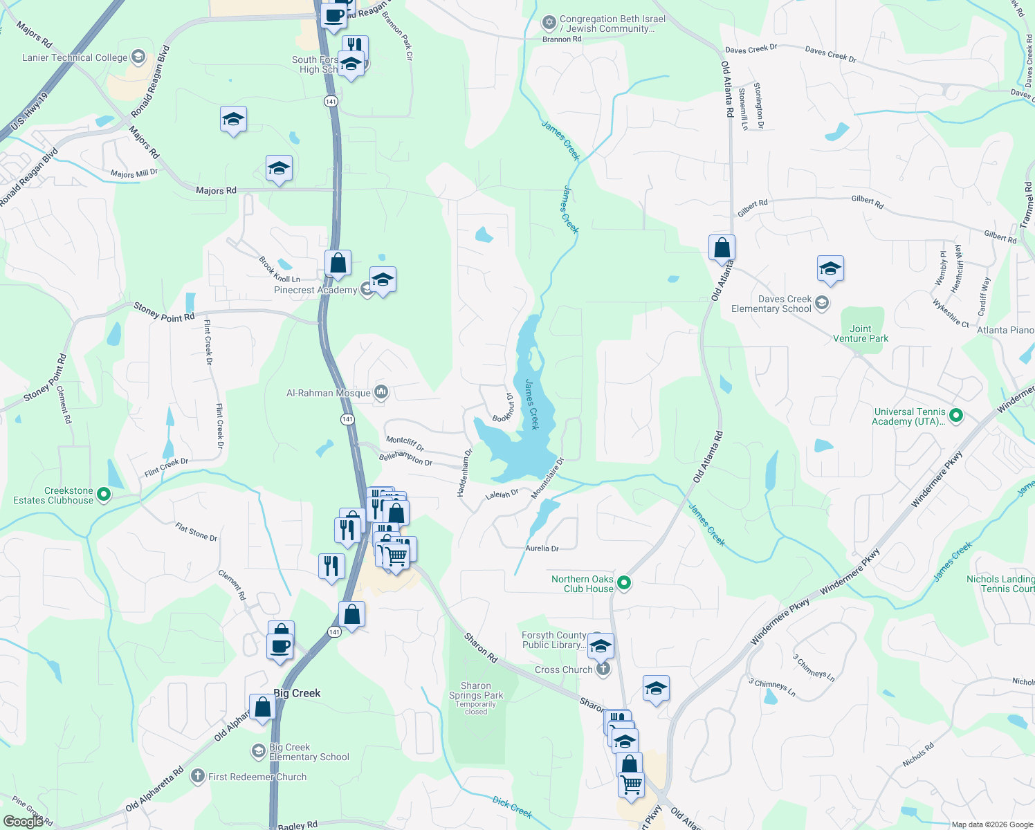 map of restaurants, bars, coffee shops, grocery stores, and more near 1230 Bookhout Dr in Cumming