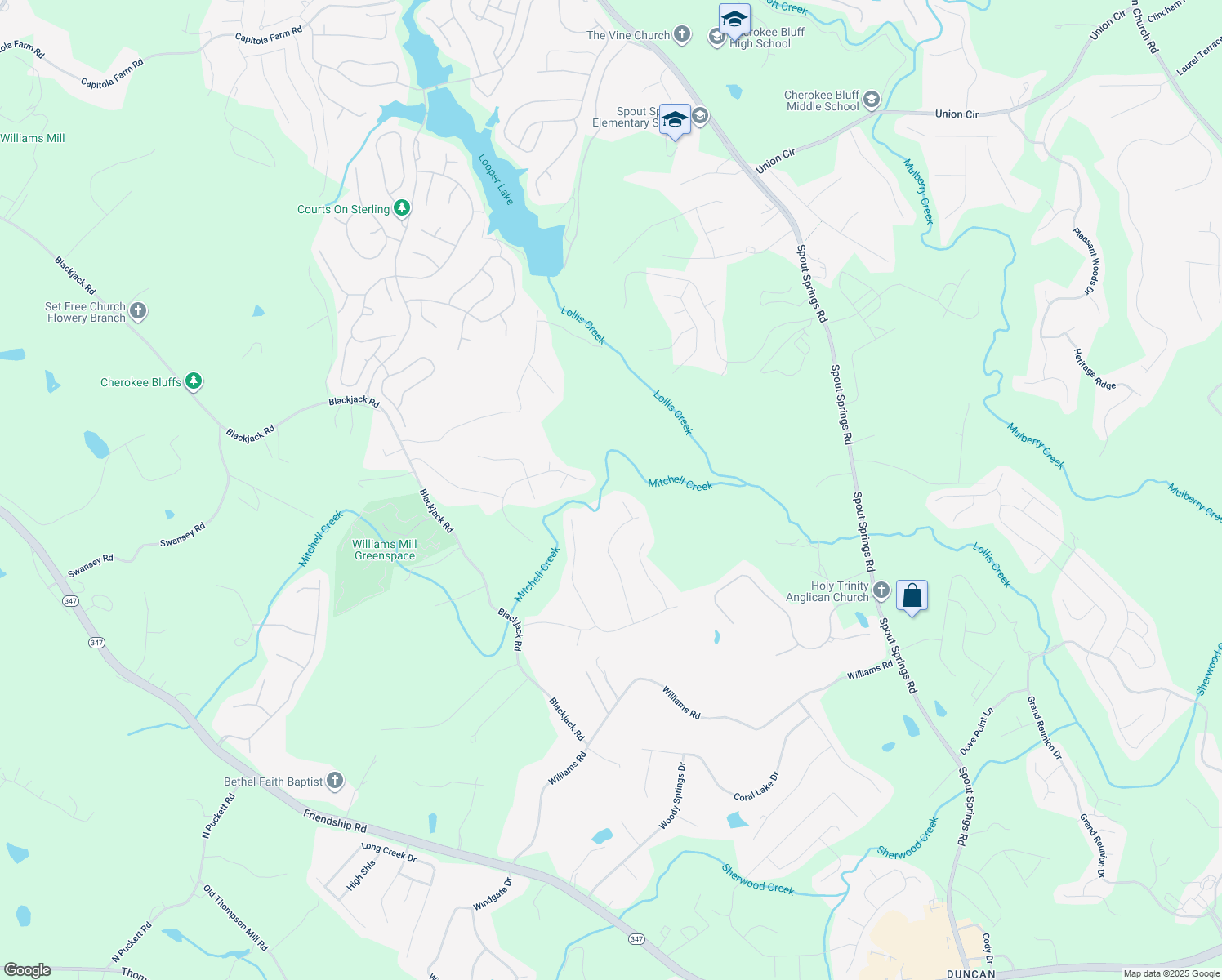 map of restaurants, bars, coffee shops, grocery stores, and more near 6342 Clearbrook Drive in Flowery Branch