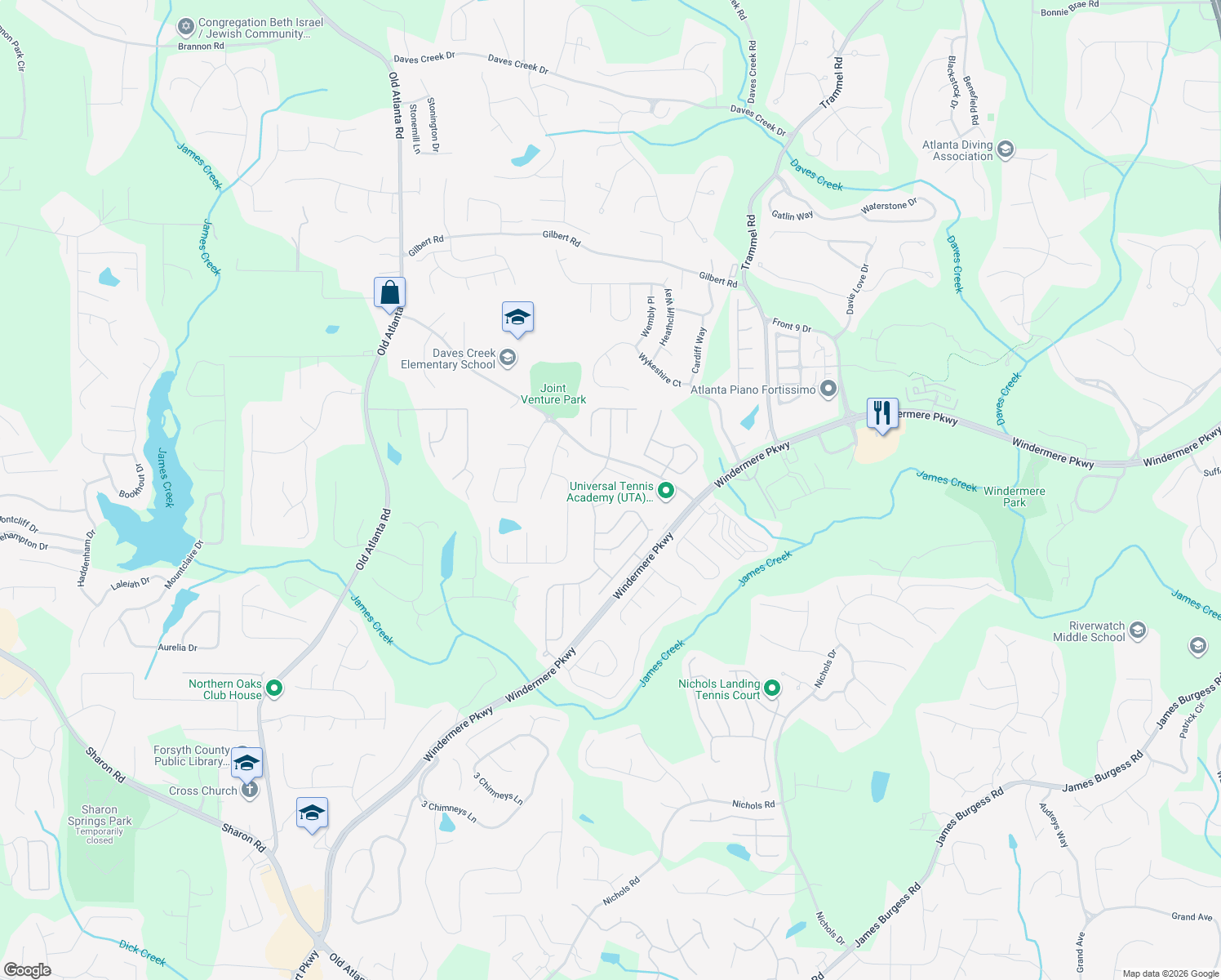 map of restaurants, bars, coffee shops, grocery stores, and more near 4470 Camrose Court in Cumming
