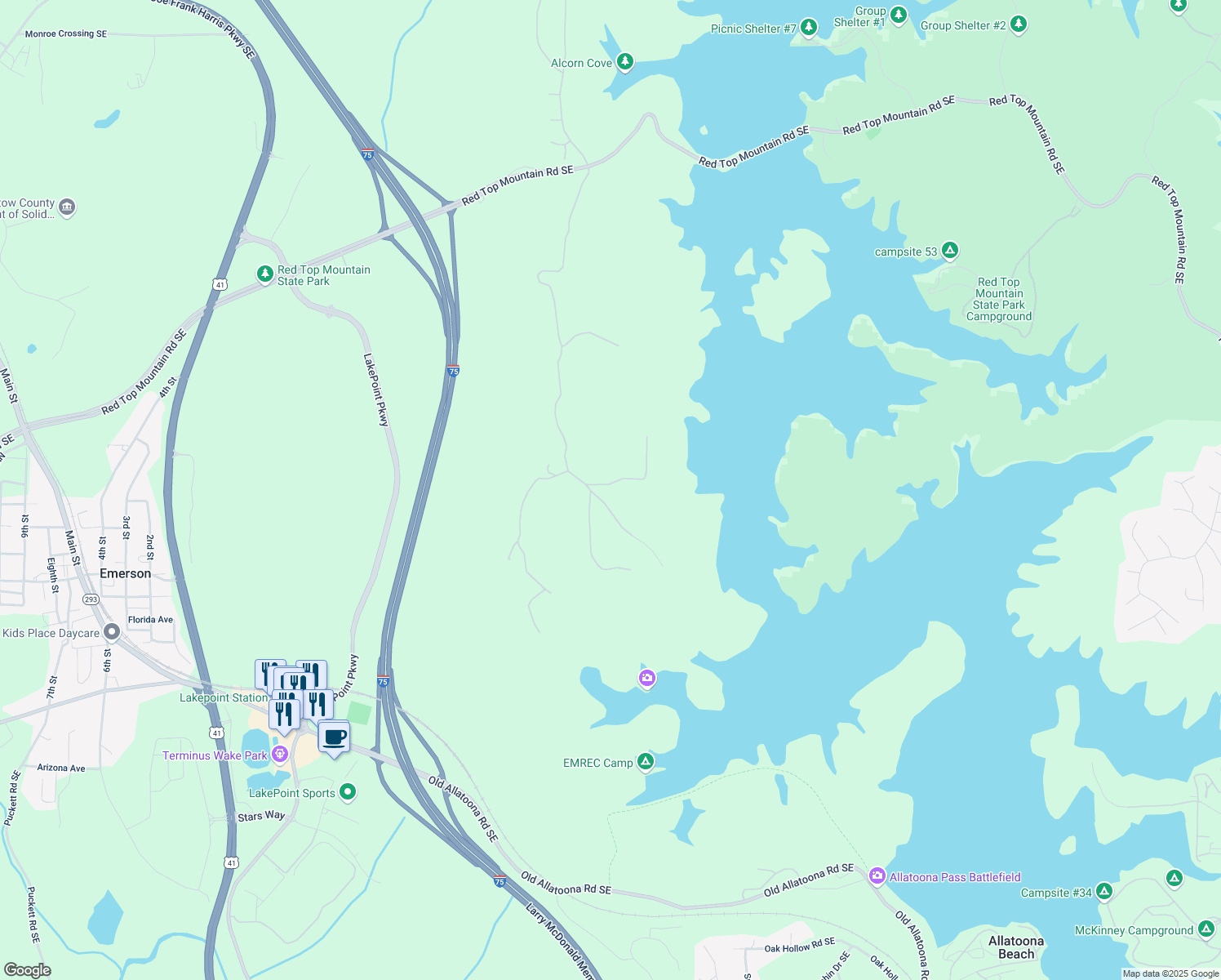 map of restaurants, bars, coffee shops, grocery stores, and more near 47 Waterside Drive Southeast in Cartersville