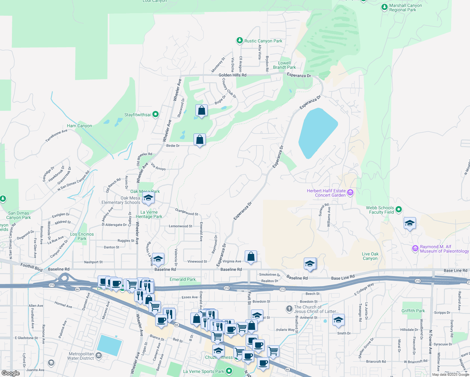 map of restaurants, bars, coffee shops, grocery stores, and more near 2230 Oak Knoll Circle in La Verne