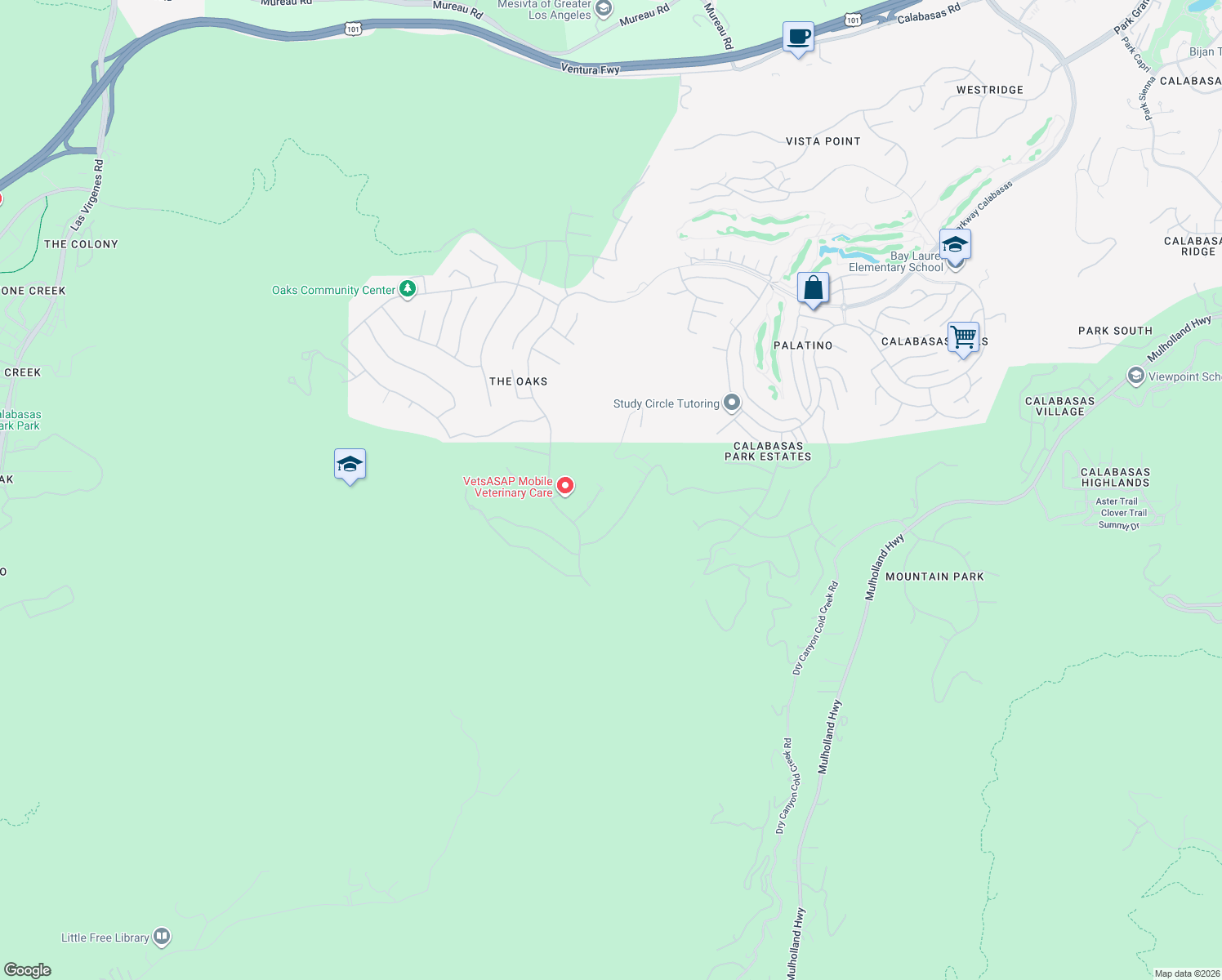 map of restaurants, bars, coffee shops, grocery stores, and more near 25232 Prado Del Misterio in Calabasas