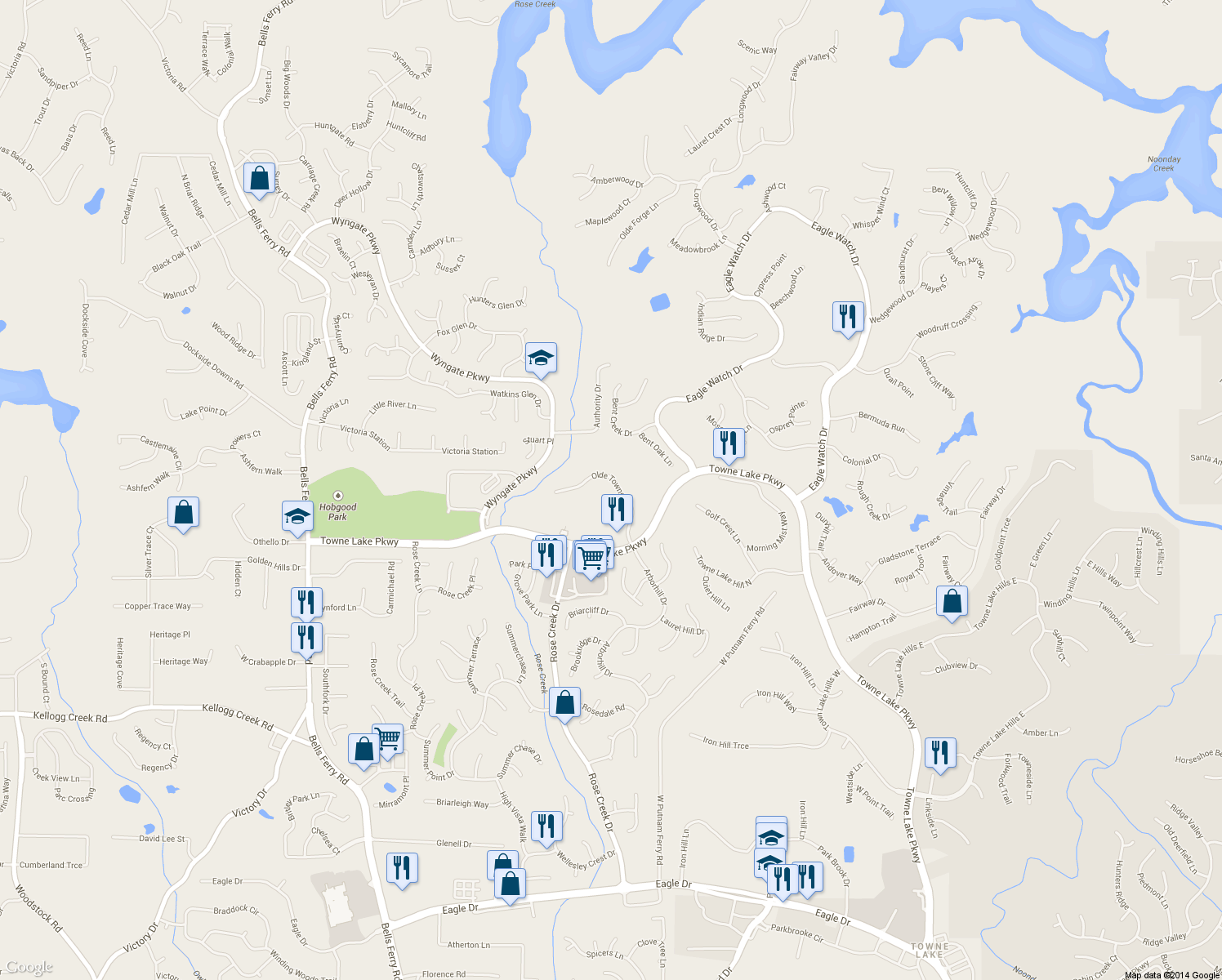 map of restaurants, bars, coffee shops, grocery stores, and more near 1031 Olde Towne Ln in Woodstock