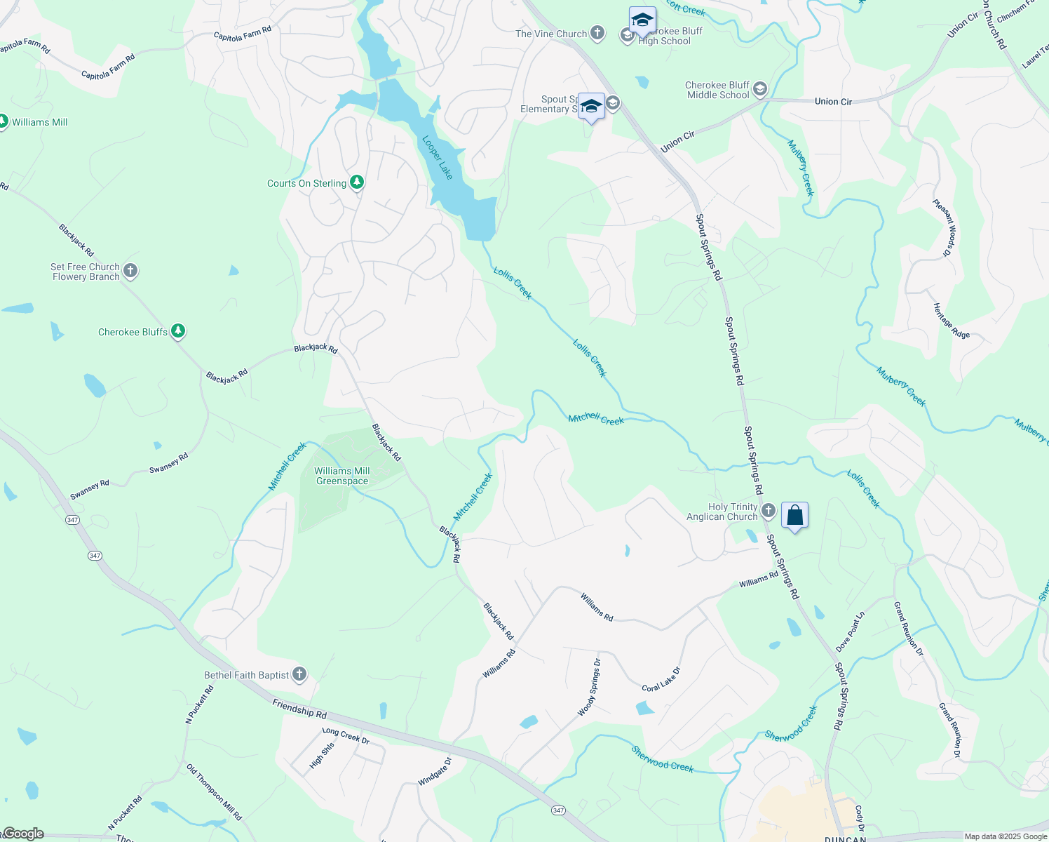 map of restaurants, bars, coffee shops, grocery stores, and more near 6342 Clearbrook Dr in Flowery Branch