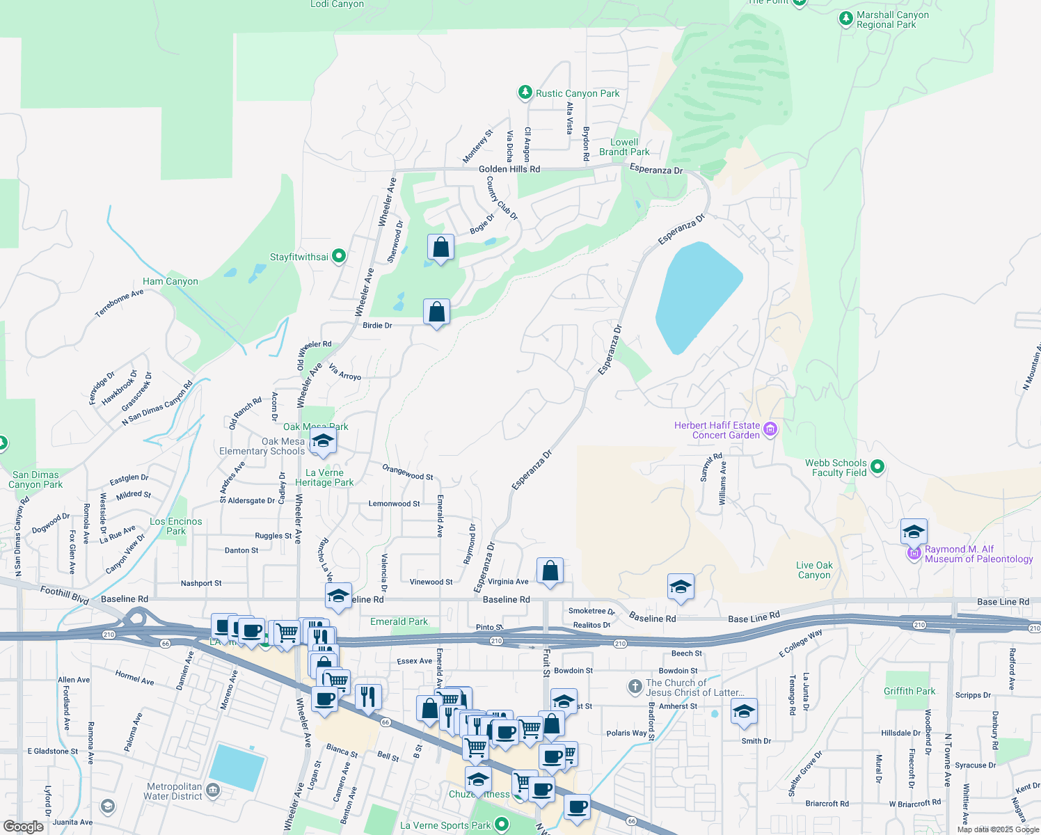 map of restaurants, bars, coffee shops, grocery stores, and more near 2235 Oak Knoll Circle in La Verne