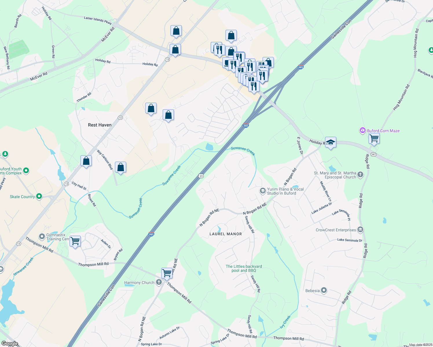 map of restaurants, bars, coffee shops, grocery stores, and more near 4779 Bogan Meadows Drive in Buford
