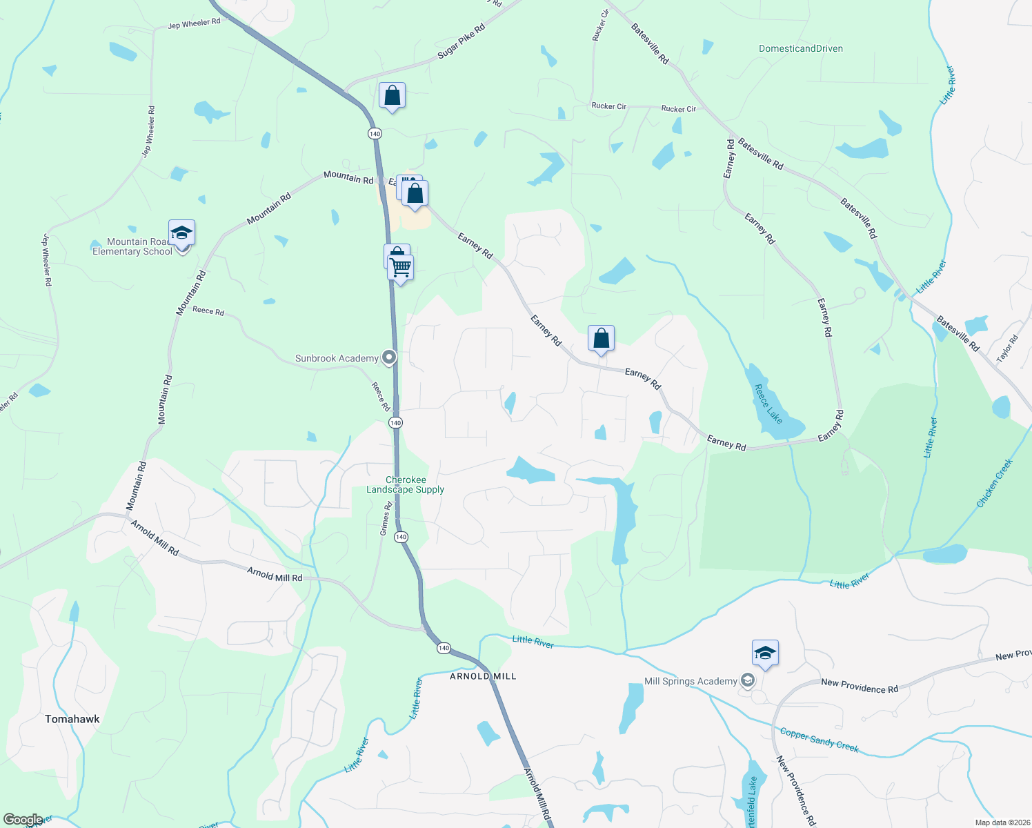 map of restaurants, bars, coffee shops, grocery stores, and more near 106 Falling Water in Woodstock