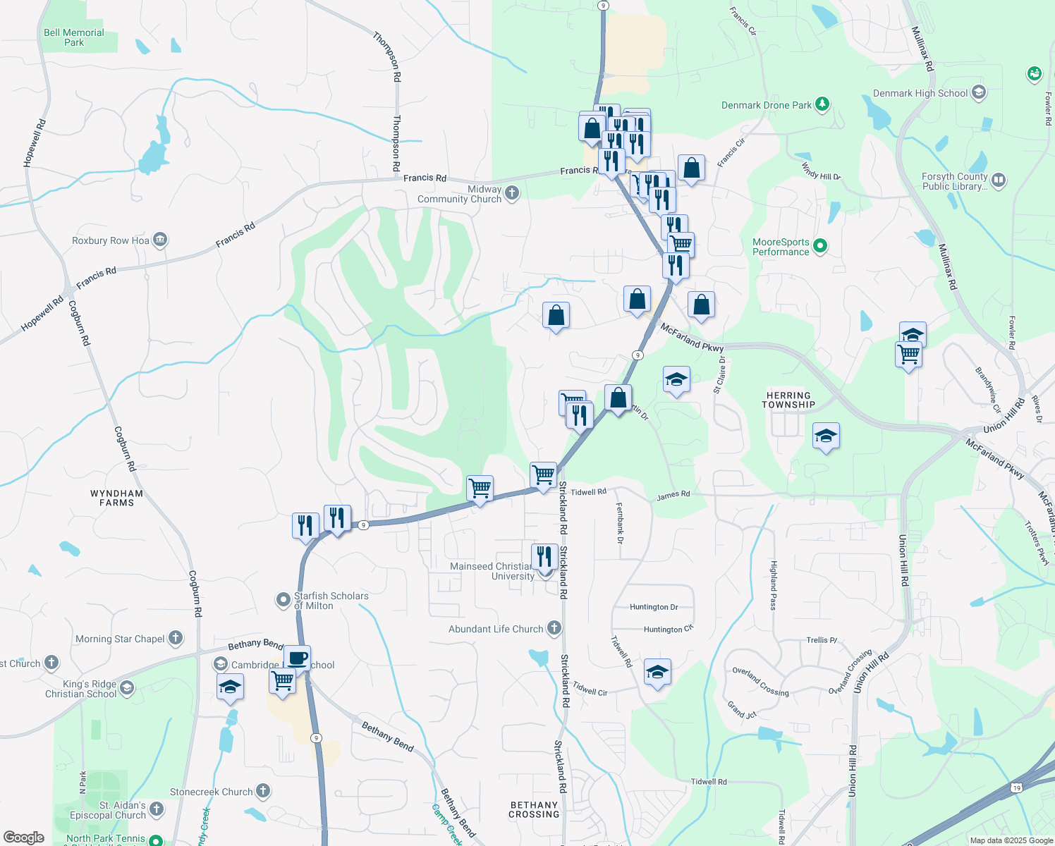 map of restaurants, bars, coffee shops, grocery stores, and more near 6605 Tulip Garden Way in Alpharetta