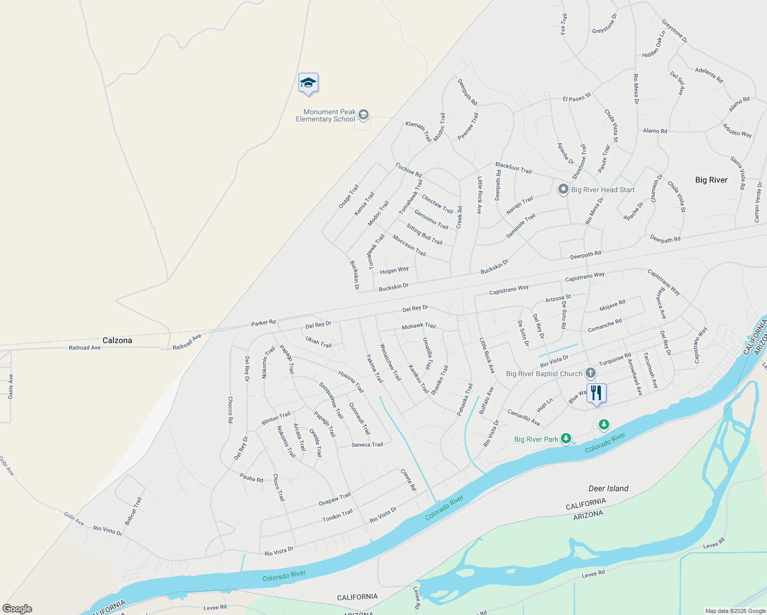 map of restaurants, bars, coffee shops, grocery stores, and more near 149520 Del Rey Drive in Big River