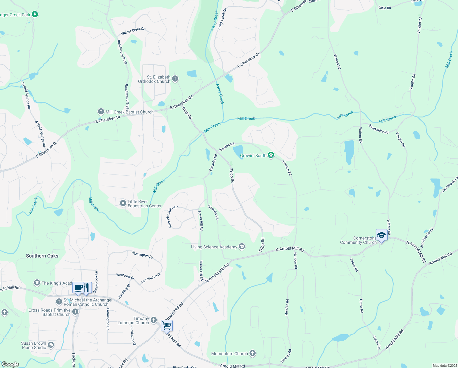 map of restaurants, bars, coffee shops, grocery stores, and more near 1986 Tripp Road in Woodstock